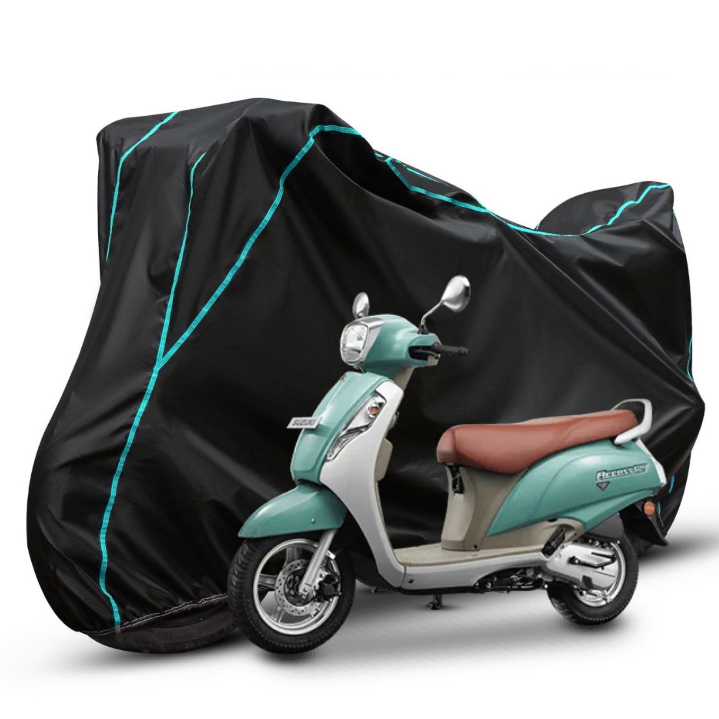 AUTOTEN-Bike Body Cover Suzuki Access 125 Full Body Cover with Waterproof, Dust Proof, UV Rays Protective, Triple Stitching & Lightweight Two Wheeler Covers - (Black with Waterproof Aqua Piping)-image-5