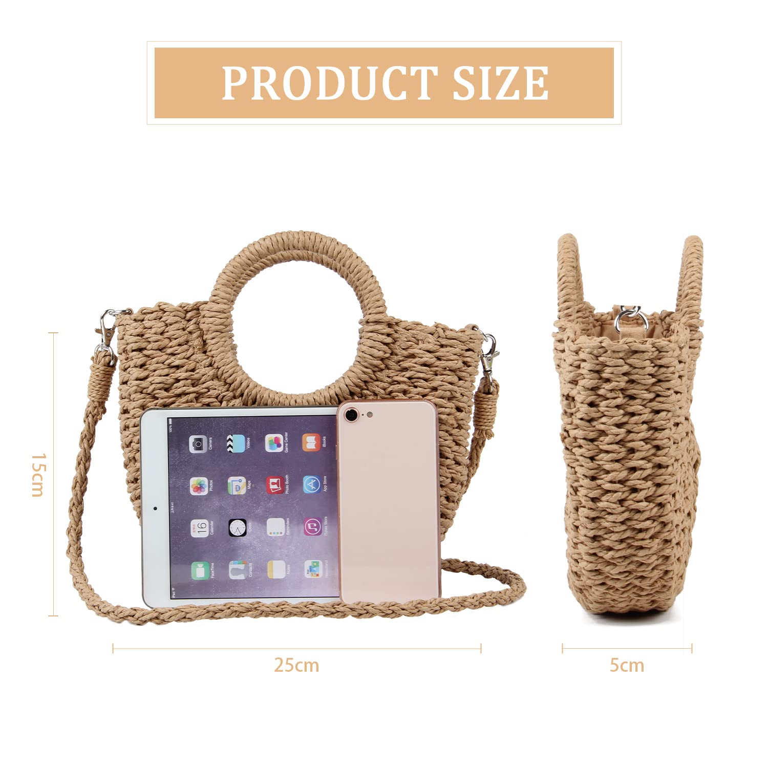 Borsa da spiaggia da donna in paglia Borsa a mano Hobo con manico rotondo Borse estive intrecciate a mano Borsa piccola con cinturini