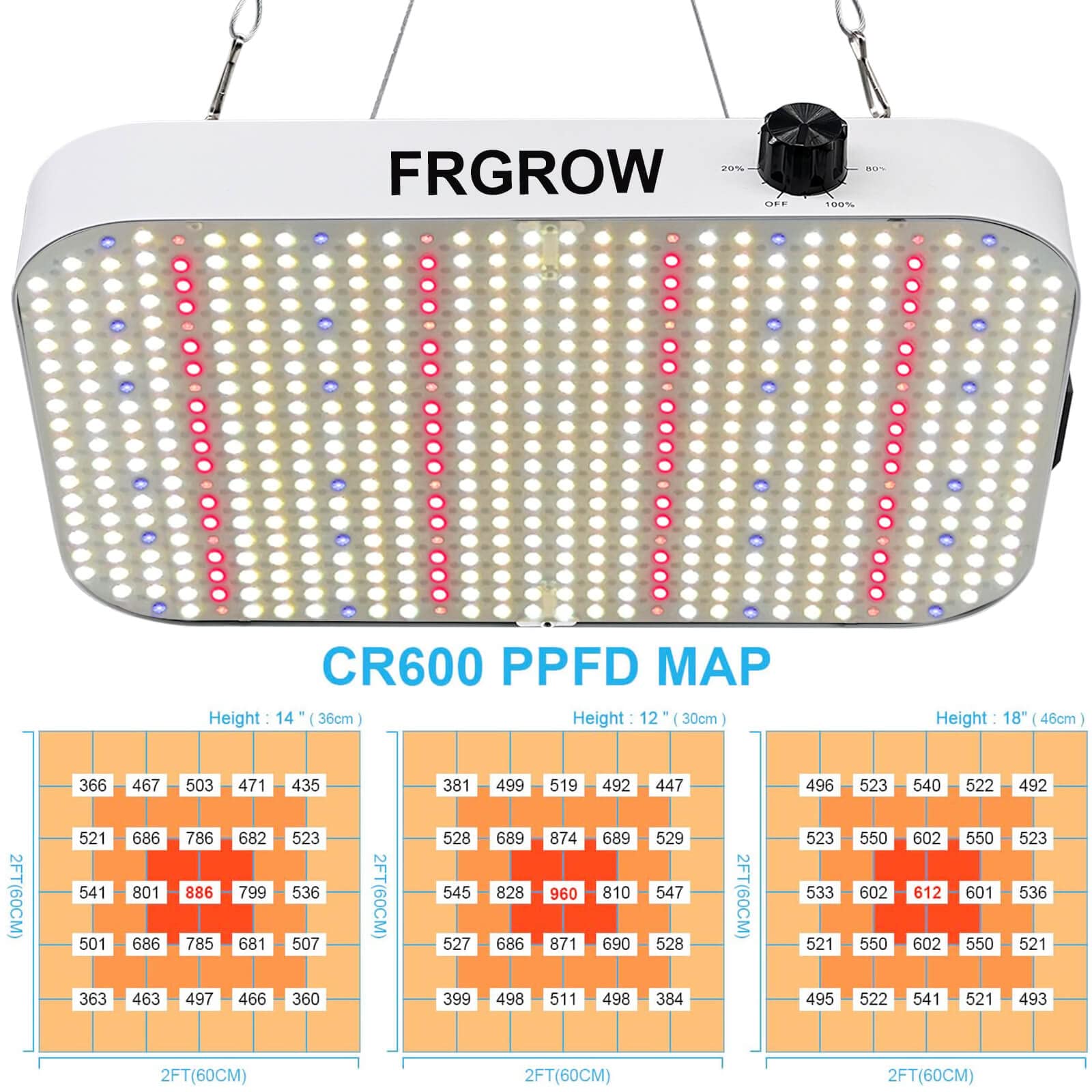 FRGROW 65 Watt LED Pflanzenlampe Dimmbar, 6000 Lumen LED Grow Lampe Vollspektrum mit Daisy Chain Funktion, 576 PSC LEDs Grow Light Perfekt für 60x60CM Growzelt Pflanzenwachstum