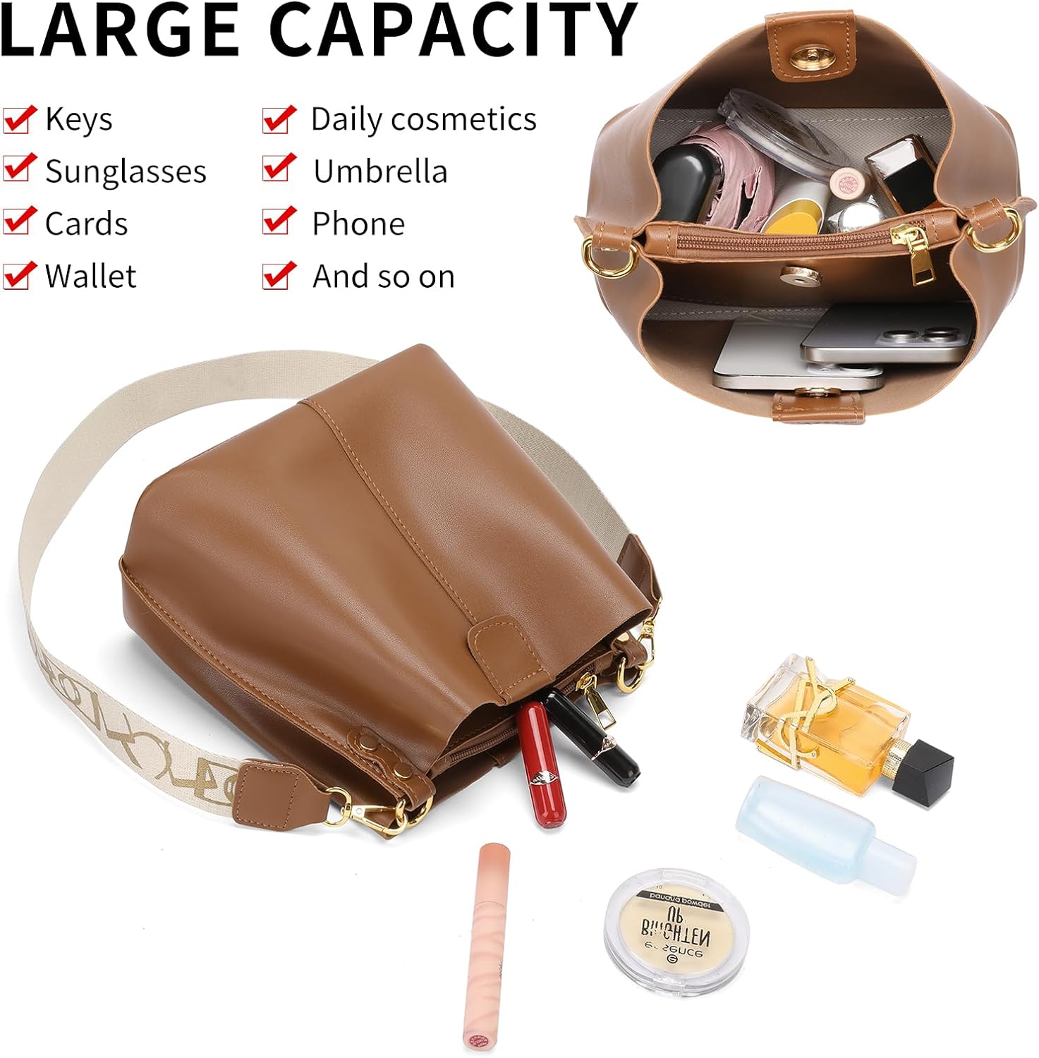 SENDEFN Trendy Bucket Crossbody Bag for Women Soft Shoulder Tote Purses Vegan Leather Crossbody Bags - Image 3