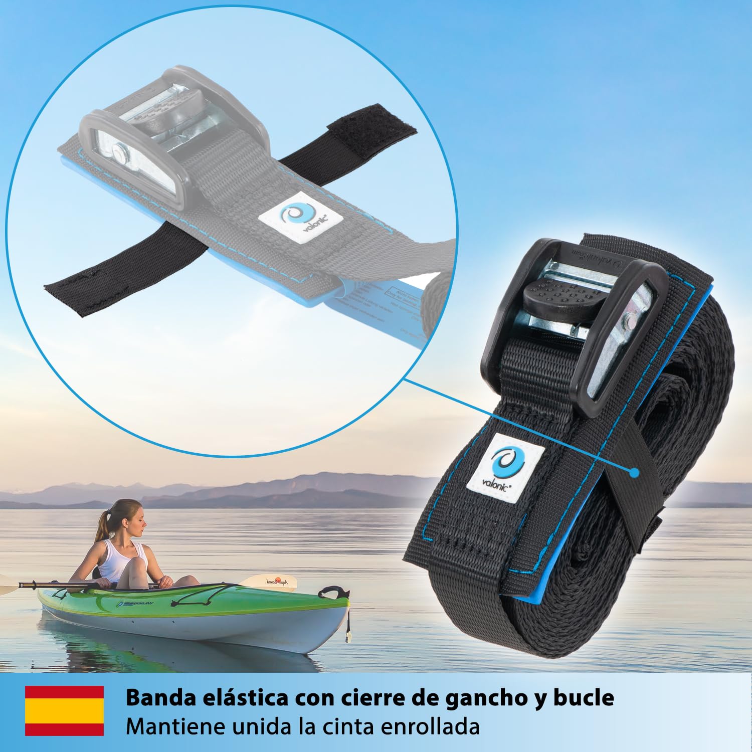 valonic Dolphin - 2X 6m XL cincha de Amarre con Cierre de apriete, 35mm, 800 Kg, Acolchada, EN-12195-2 - Negro, Correa de Amarre para Tabla de Paddle Surf o Kayak