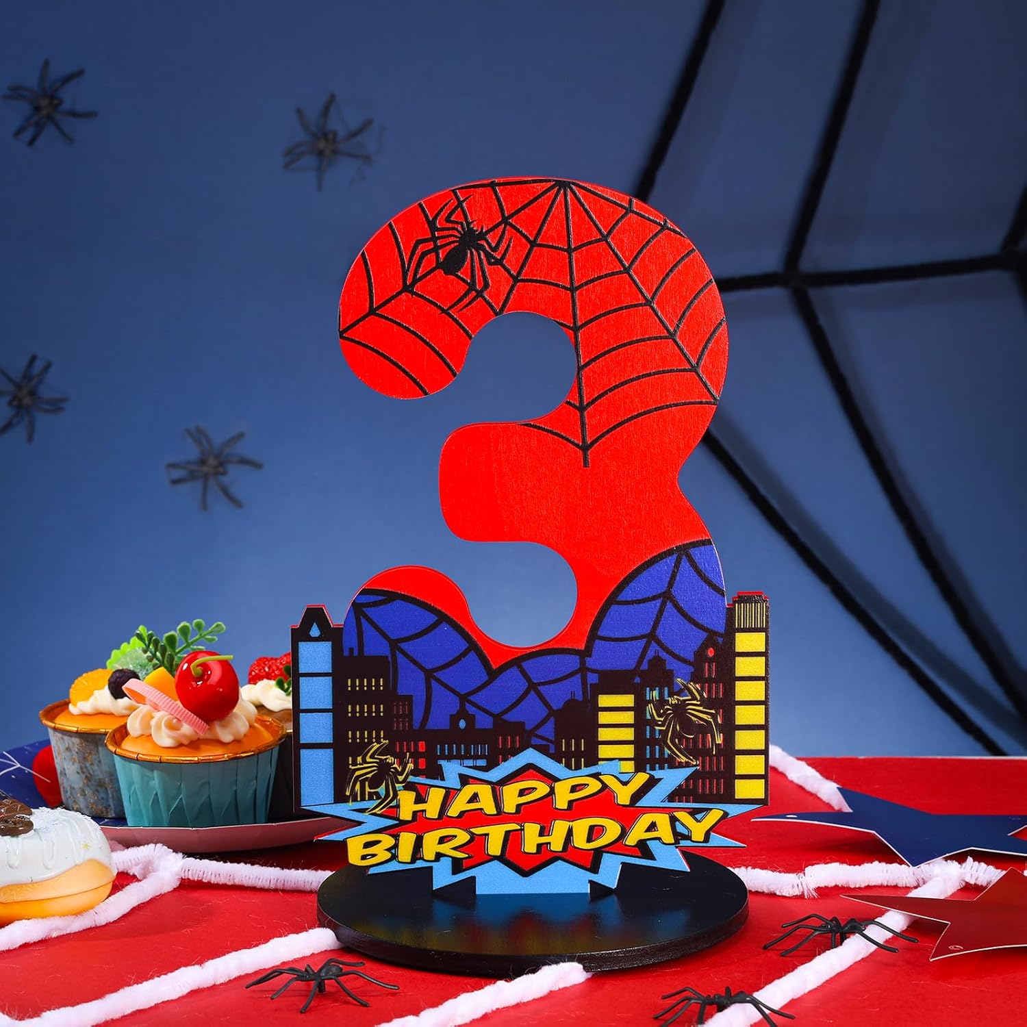 Spider Birthday Number Sign Wooden Table Centerpiece Large Cartoon Table Toppers Decorations for Boys Birthday Themed Party Supplies Photo Props (Number 3)
