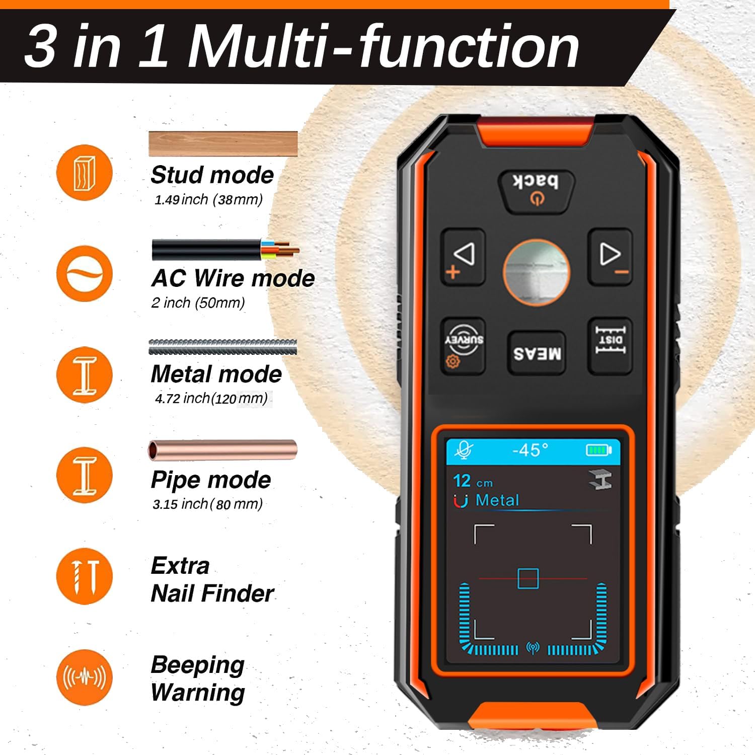Device displaying a digital level with angle readings, showing its use for measuring angles on surfaces.
