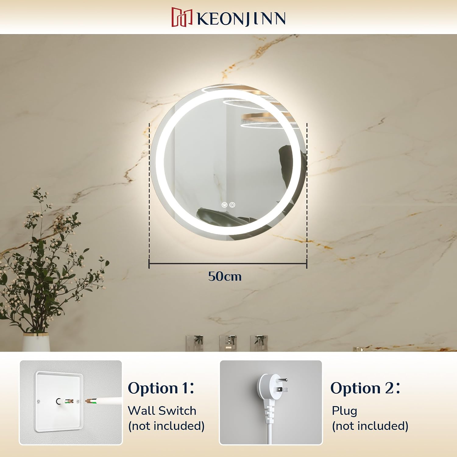 Keonjinn 50 cm Round Bathroom Mirror with Lighting, Bathroom Mirror with Anti-Fog Touch Switch Memory Function 3 Light Colours Dimmable LED Bathroom Mirror without Frame Wall... – Bild 5