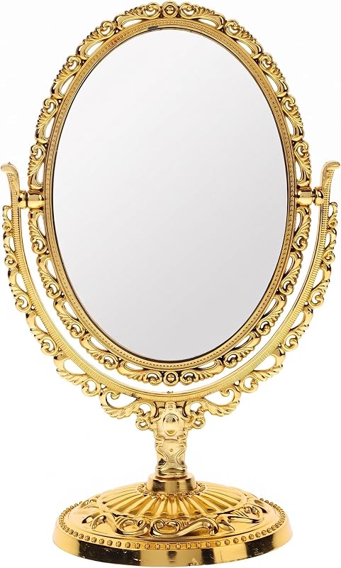 Espelho de maquiagem MAGICLULU oval dourado com dois lados e rotação de 360 graus, 20 x 12,5 x 9 cm