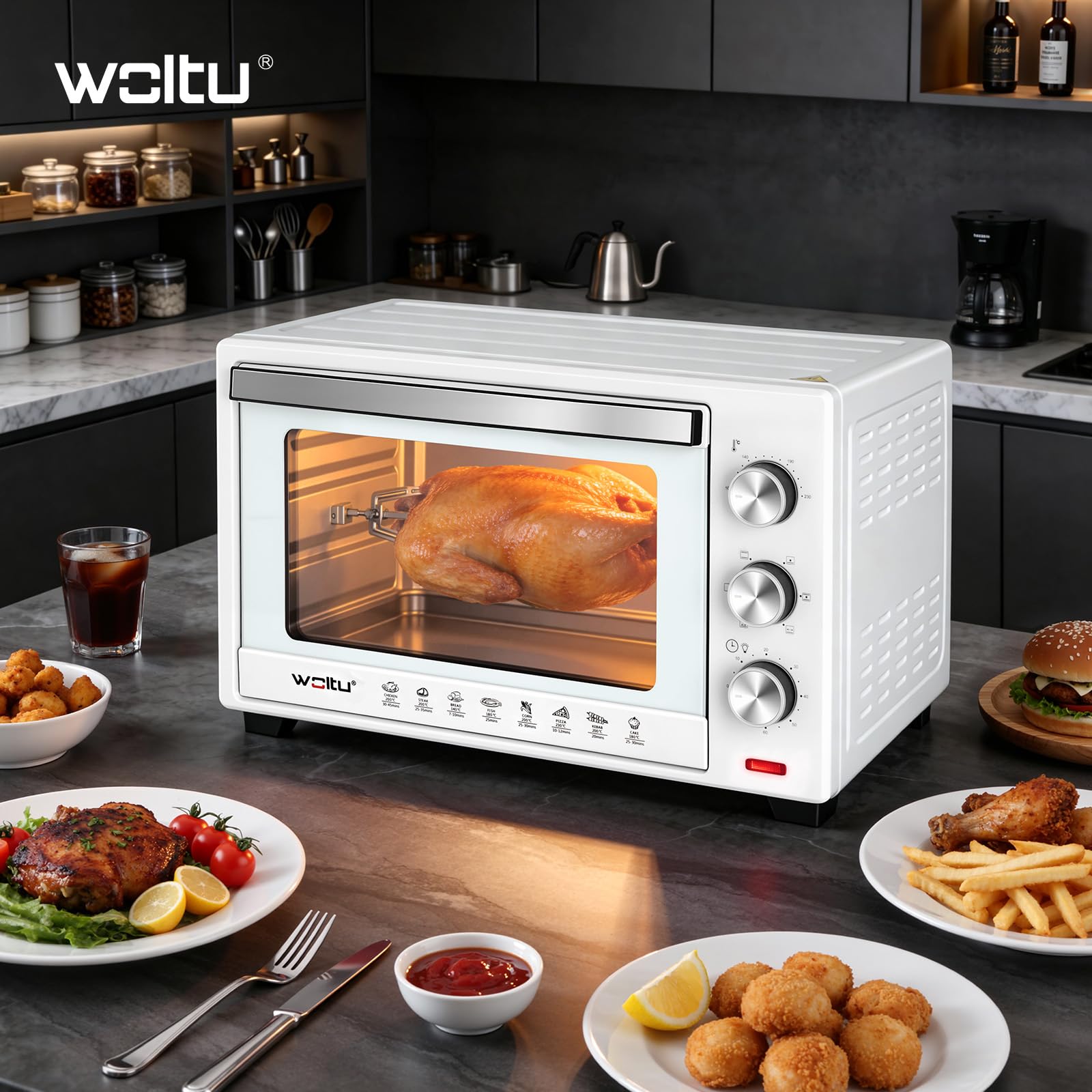 WOLTU Mini Four 32L avec Broche de Rôtisserie, 4 éléments chauffants, Minuterie 60 min, Température 100-230℃, 1600W, Porte à Double Vitrage, Blanc