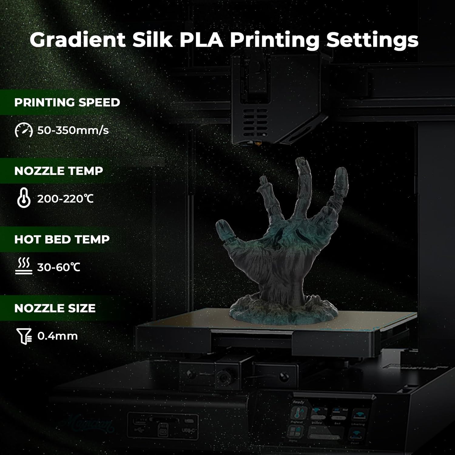 AMOLEN PLA 3D Printer Filament, PLA Filament 1.75mm Silk Black Shiny Green Filament, 3D Printing Filament 1KG/2.2lb