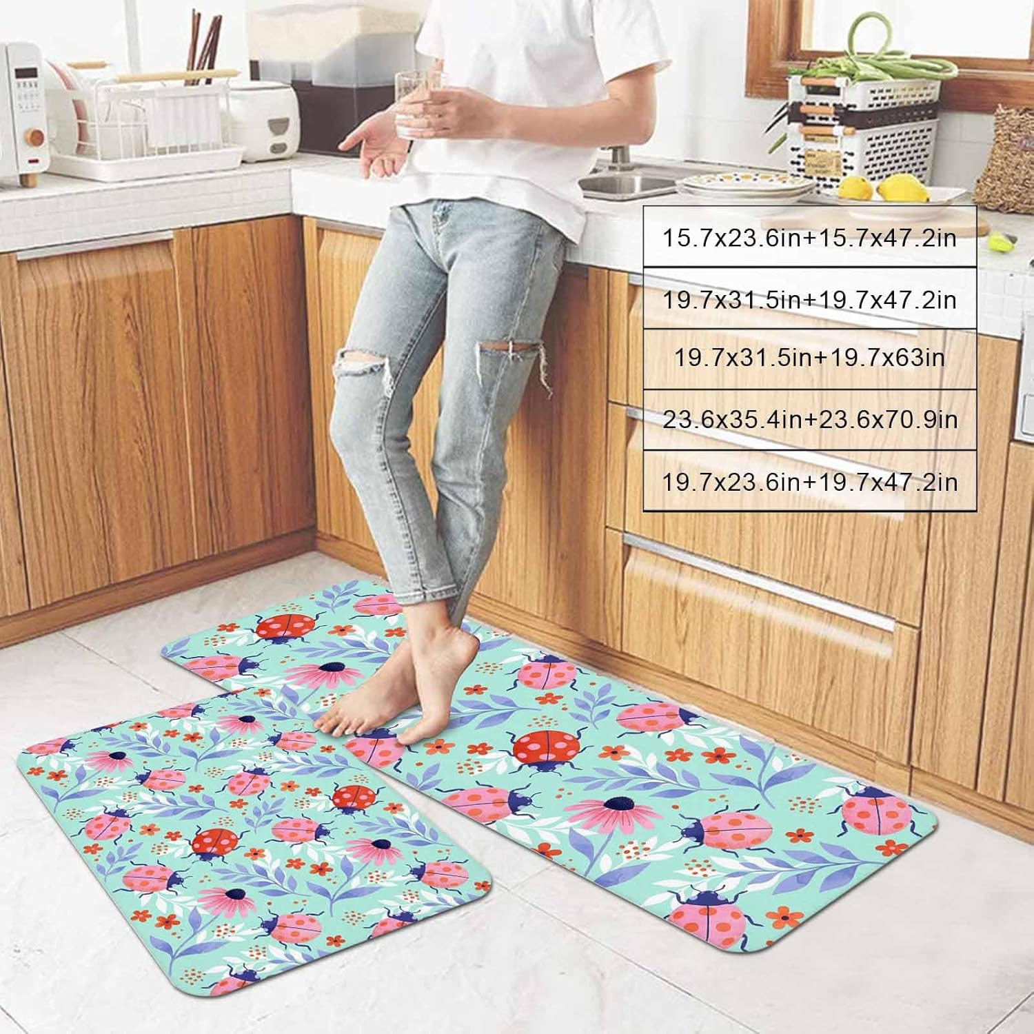 Pink Ladybugs Kitchen Mat Set 2 Pieces Daisy Orange Flowers Purple Leaves Green Country Non Slip Kitchen Rugs Washable Runner Rug Mats for Sink Laundry (15.7" x 23.6"+15.7" x 47.2")