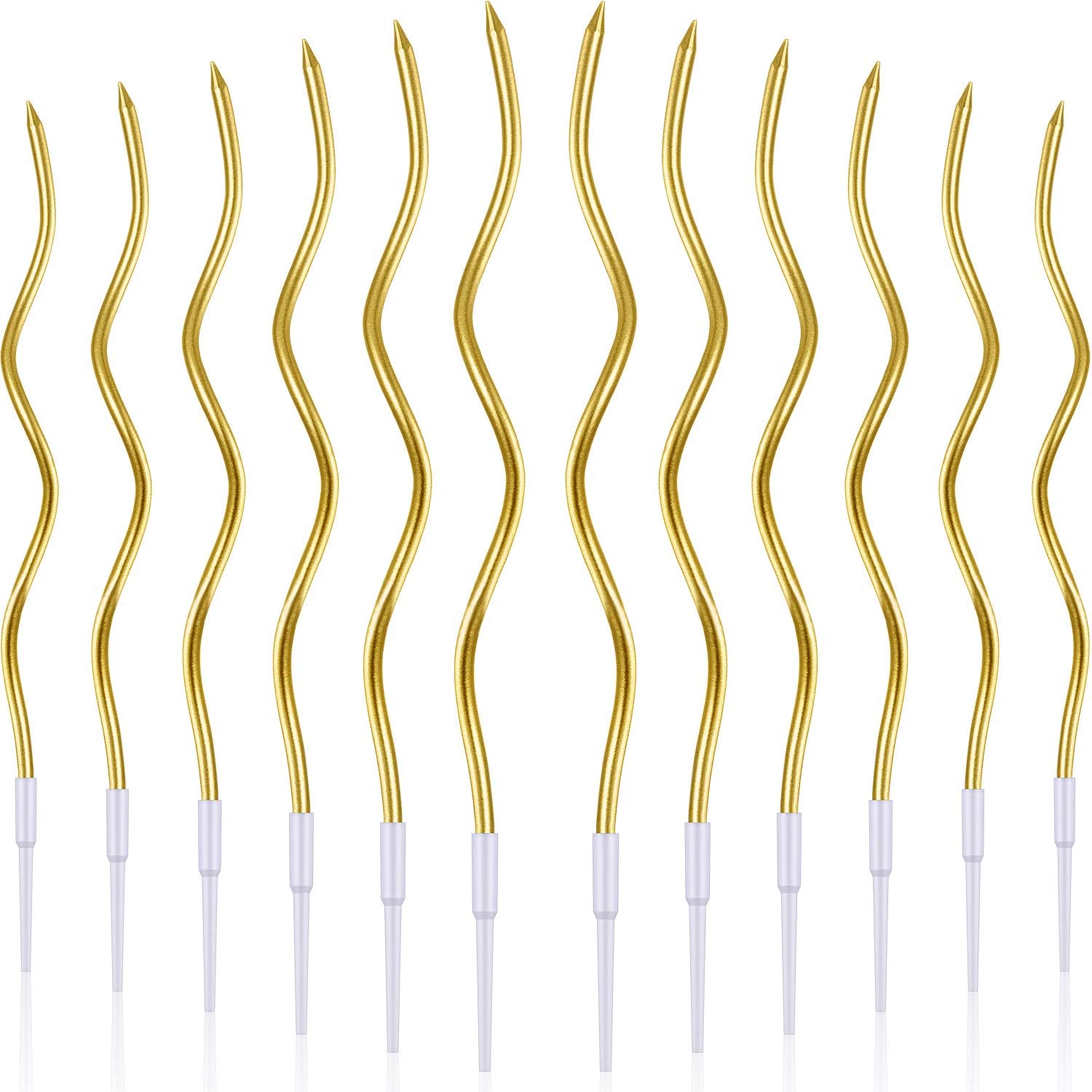 BBTO 12 Pcs Twisted Birthday Candles Spiral Metallic Cupcake Thin Long Cake Candles with Holders for Birthday Wedding Party(Gold)