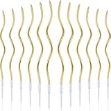 BBTO 12 Pcs Twisted Birthday Candles Spiral Metallic Cupcake Thin Long Cake Candles with Holders for Birthday Wedding Party&lpar;Gold&rpar;