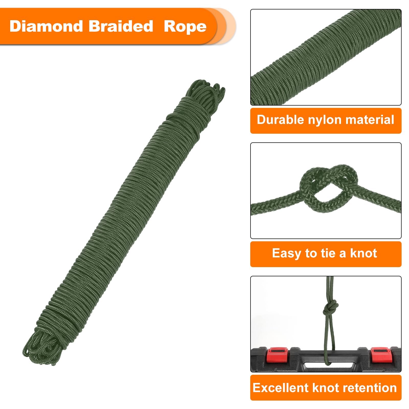 Rebower 1 Pcs Dark Green Nylon Rope 1/4"x164ft Solid Braided Cord Polypropylene Rope Utility Cord,[for Camping Tie Down - Image 3