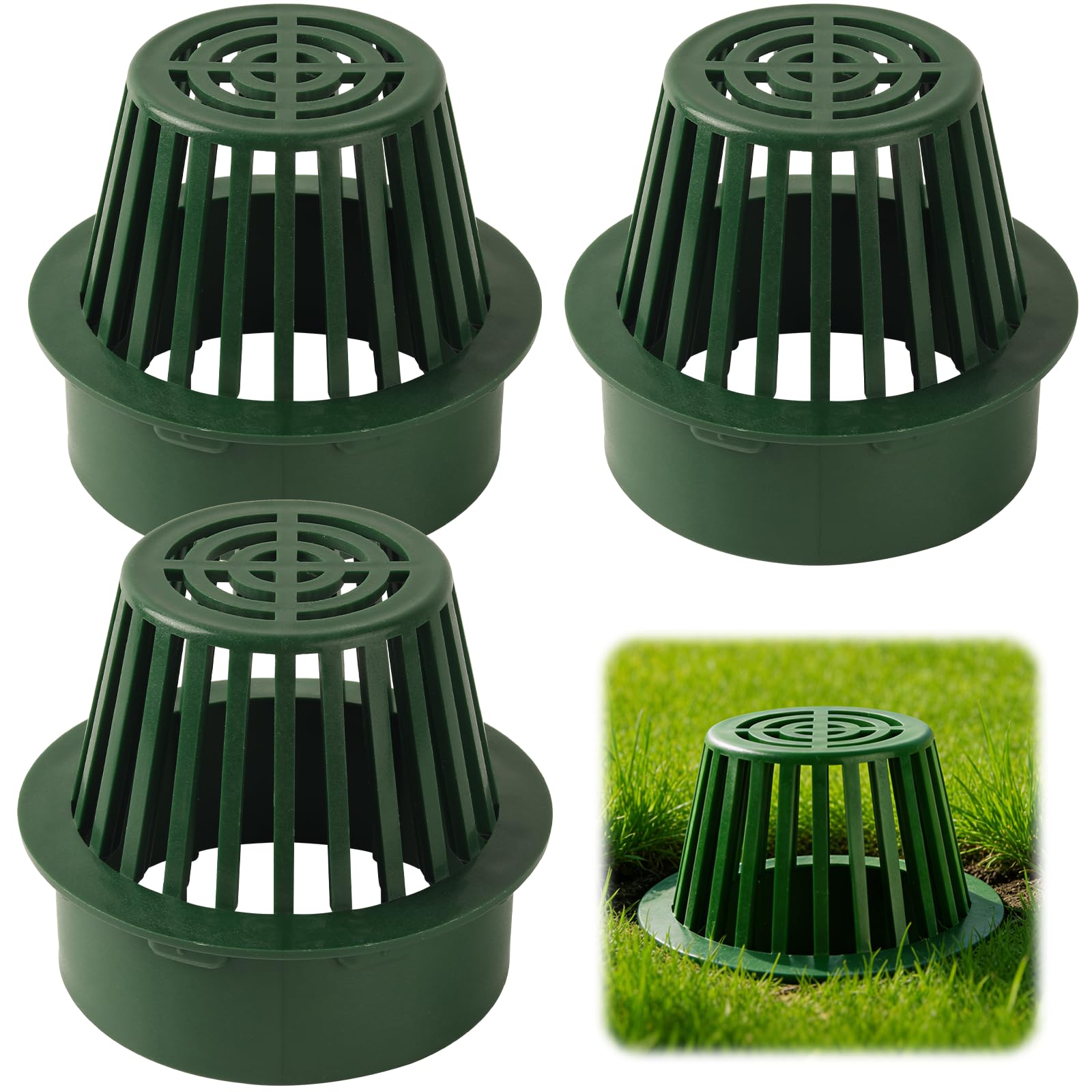 Photo 1 of (3-Pack) Calvana 6” Round Atrium Drain Grate Cover, Compatible with NDS 78A, Fits 4” Sewer and Drain Pipe Fittings, Perfect for Small Lawns, Landscaping, Patios, Extra Tough Polyethylene, Green