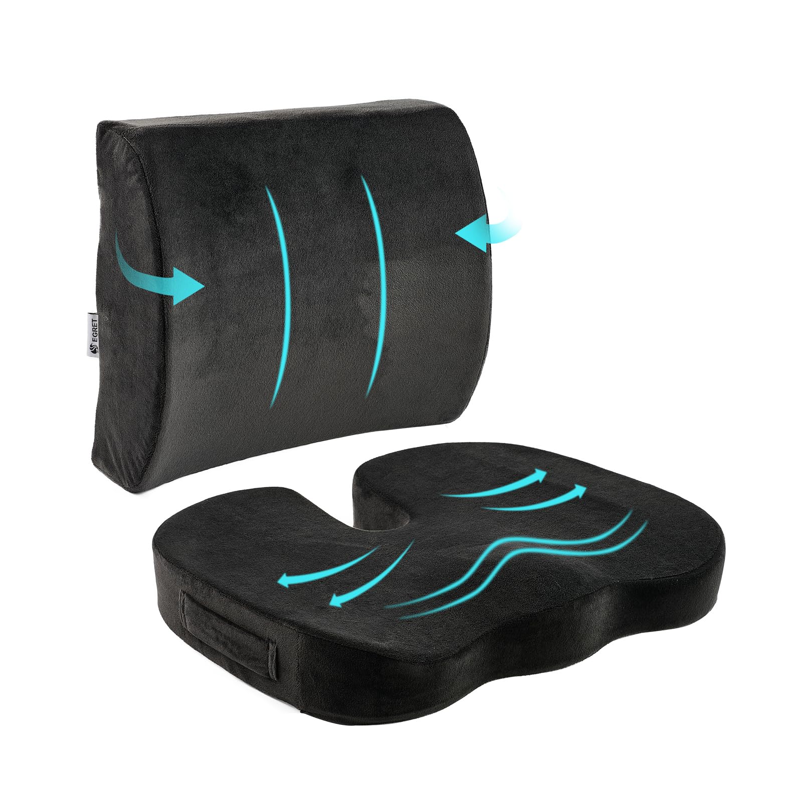 Egret Lumbar Support Pillow - Memory Foam Back Cushion for Office Chair & Car Seat, Pain Relief & Posture Support, Adjustable Straps(Black)