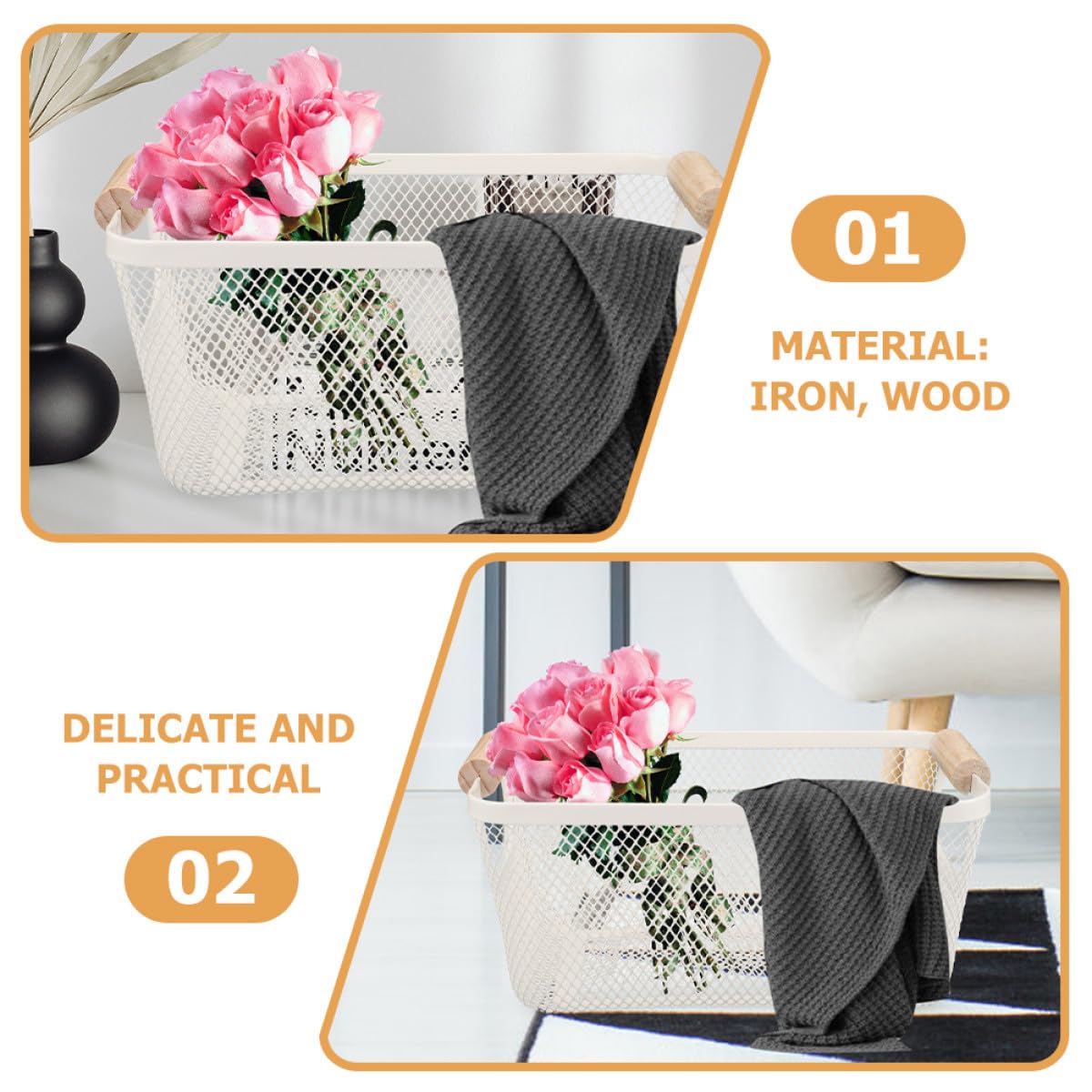 Cesta Gran Capacidad de Hierro de Almacenamiento Mango de Madera Estilo Nórdico Rectangular Blanco y Fácil de Transportar para Organización de Baño