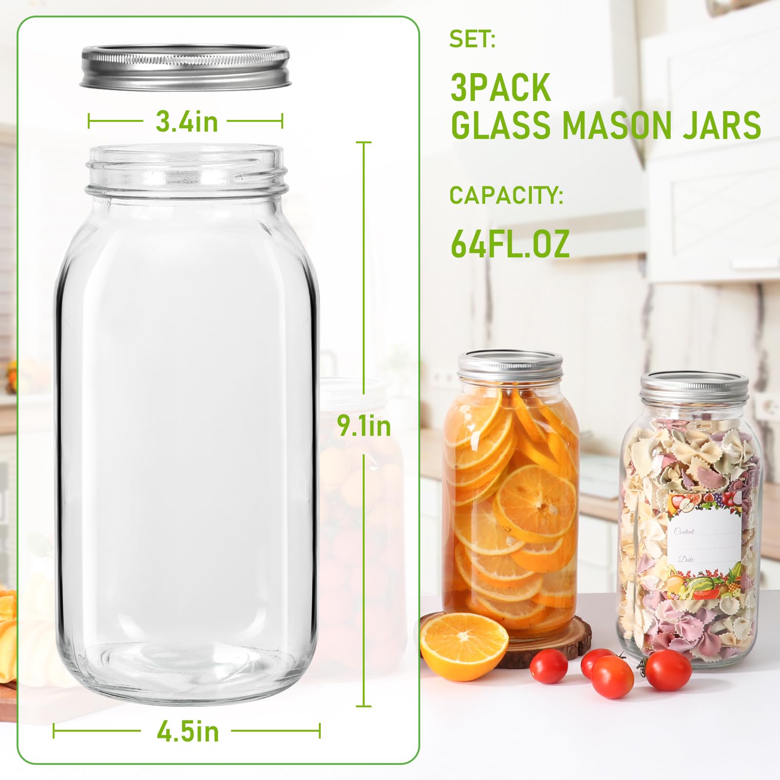 Jaisie.W 64oz Wide Mouth Mason Jars 3Pack - Half Gallon Glass Jars with Airtight Metal Lids & Bands for Canning, Pickling, Fermenting, Meal Prep, and Food Storage(64fl.oz,set of 3)