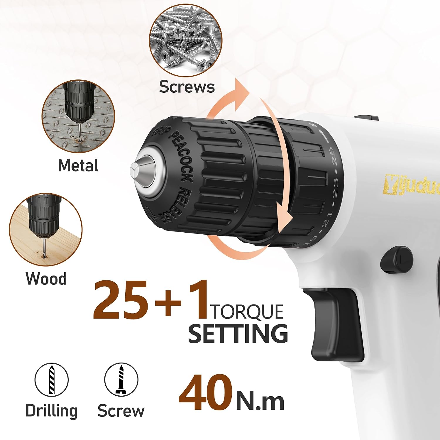 21V Cordless Drill,Power Drill Cordless Set with 2.0 Ah battery & charger,3/8”Keyless Chuck,2 Variable Speed,266 In-lb Torque,25+1 speed settings,27 PCS Drill Set - White