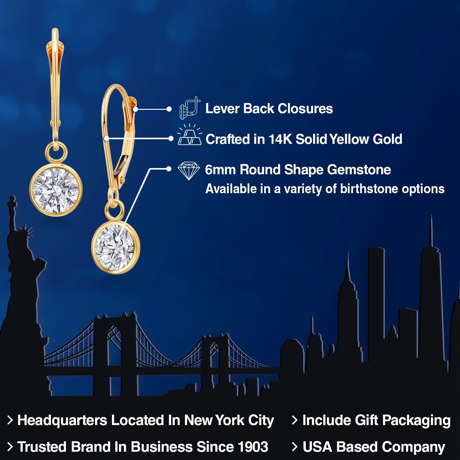 Gem Stone King 14K Yellow Gold Gemstone Birthstone Leverback Dangle Earrings for Women | Round 6MM | Gold Jewelry for Her Mom Wife - Image 2