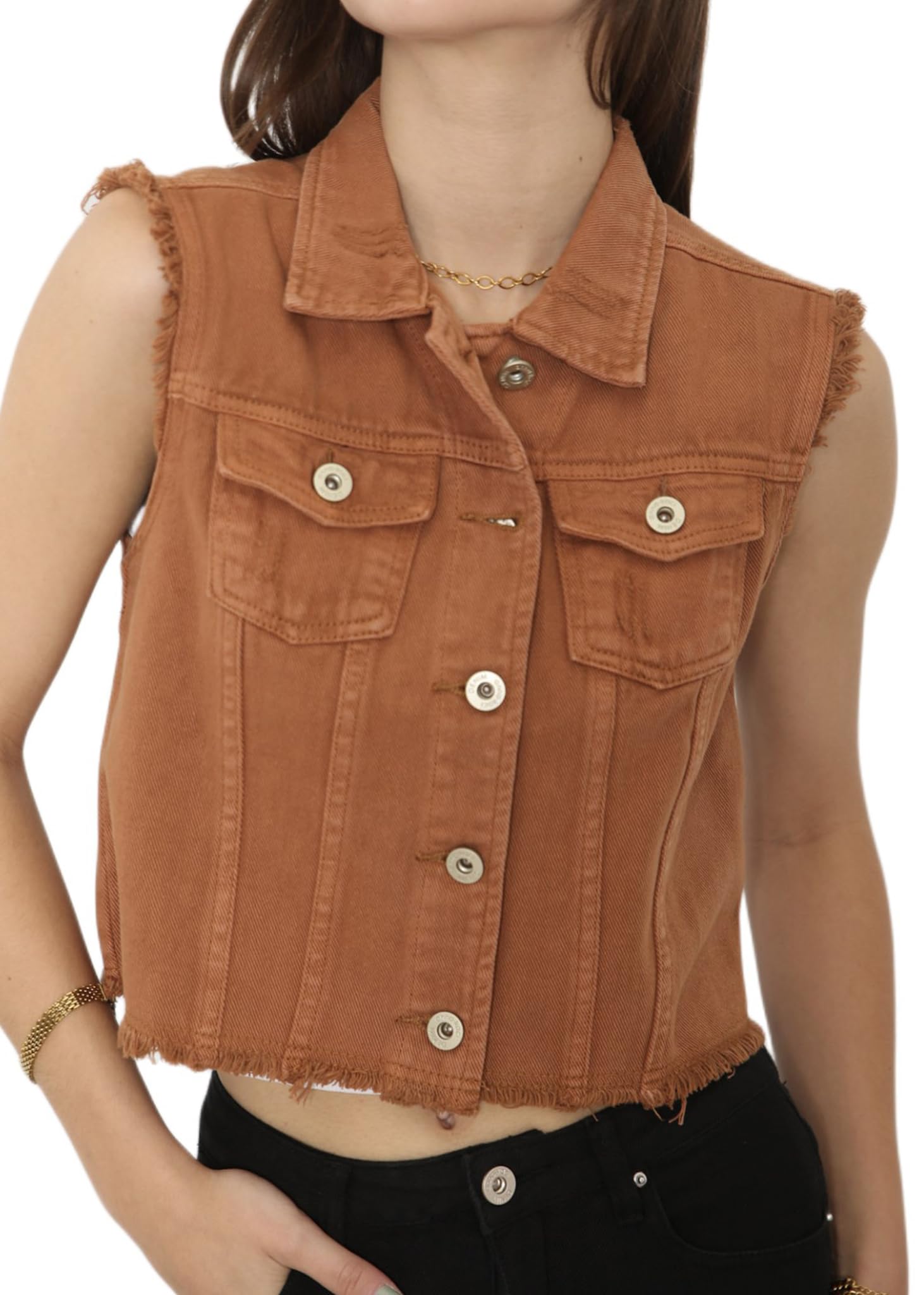 Anna-Kaci Womens Distressed Denim Button Up Sleeveless Crop Vest