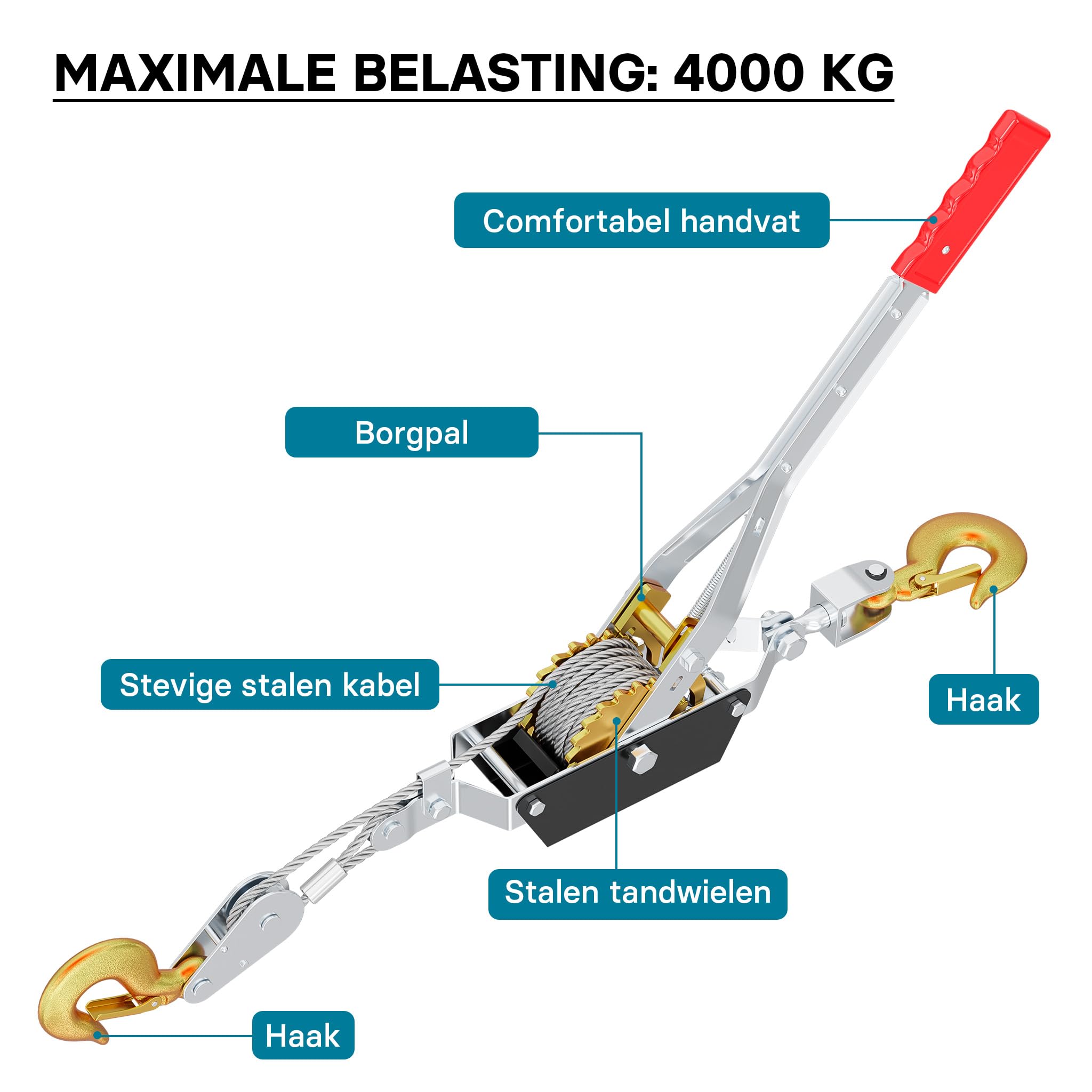 Handmatige kabellier met 2000 kg draagvermogen 2,2 m kabel 2 haken katrol takel hijslier