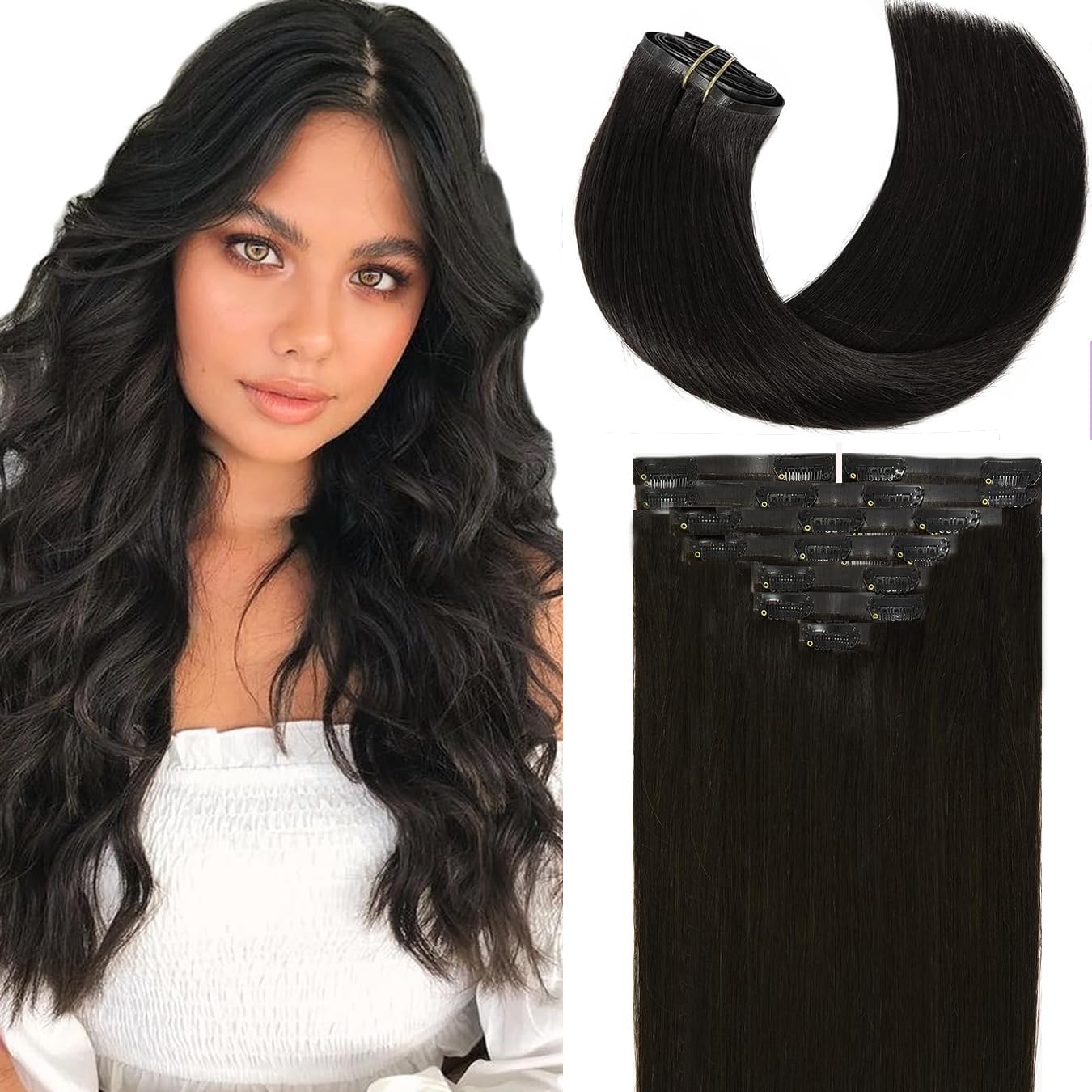 Loxxy Seamless Clip in Hair Extensions Real Human Hair Natural Black #1B 20inch Remy Clip in Human Hair Extensions for Thin Hair Pu Weft Clip on Hair