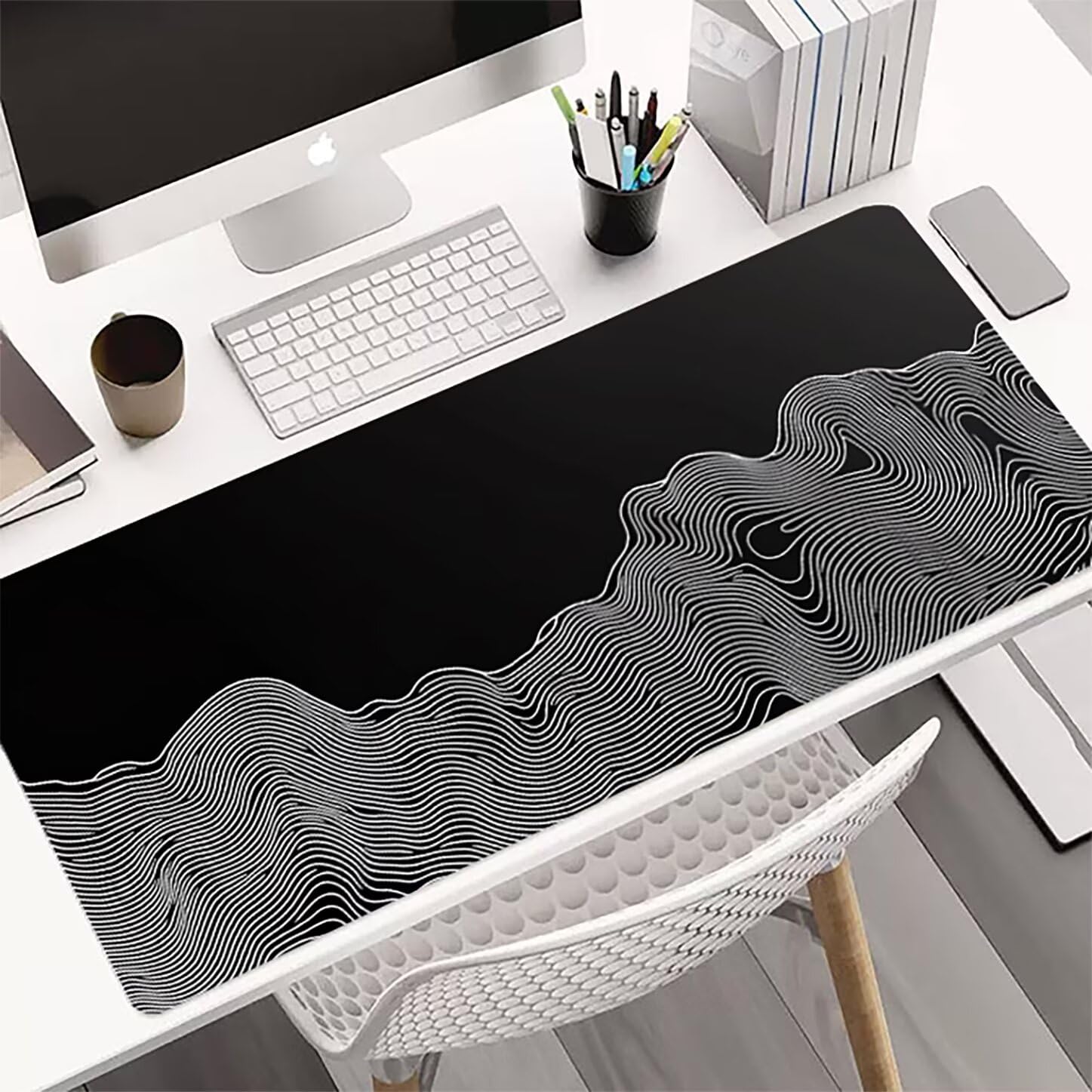 Lpfieonn Streifen Großes Schreibtischunterlage, XXL Schreibtischunterlagen, Schwarz XXL Wasserdicht Gaming Mousepad mit Vernähter Rand und Rutschfeste Gummibasis, für Hause/Büro 120x60cm PF-2011