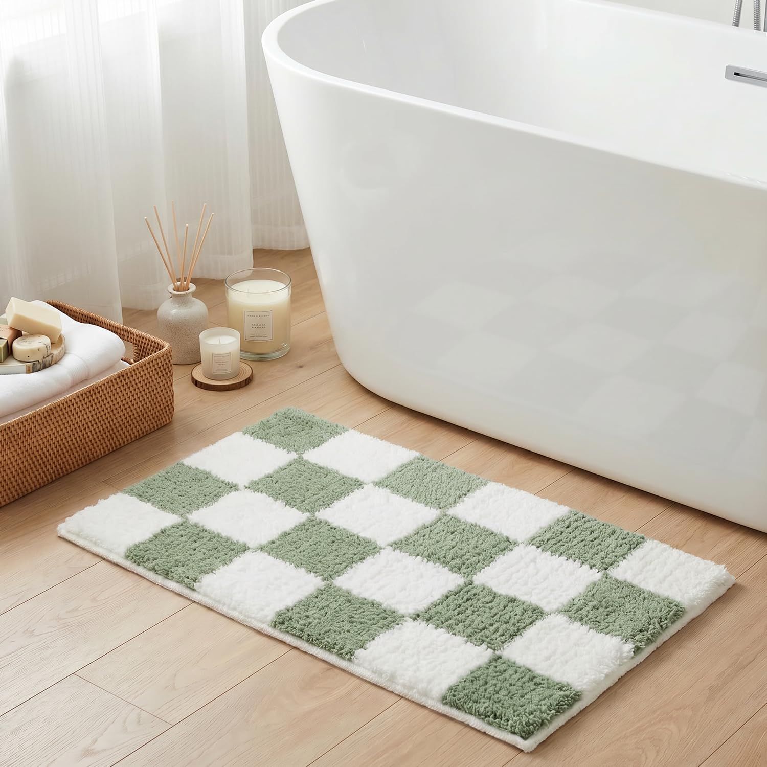 Tititex Luxus Salbeigrün Weiß Kariertes Raster Badezimmerteppich, 60x90 cm Klassisches Schachbrett Extra Weich und Saugfähig Mikrofaser Badematten, Rutschfest Plüsch Zottiger Badteppich für