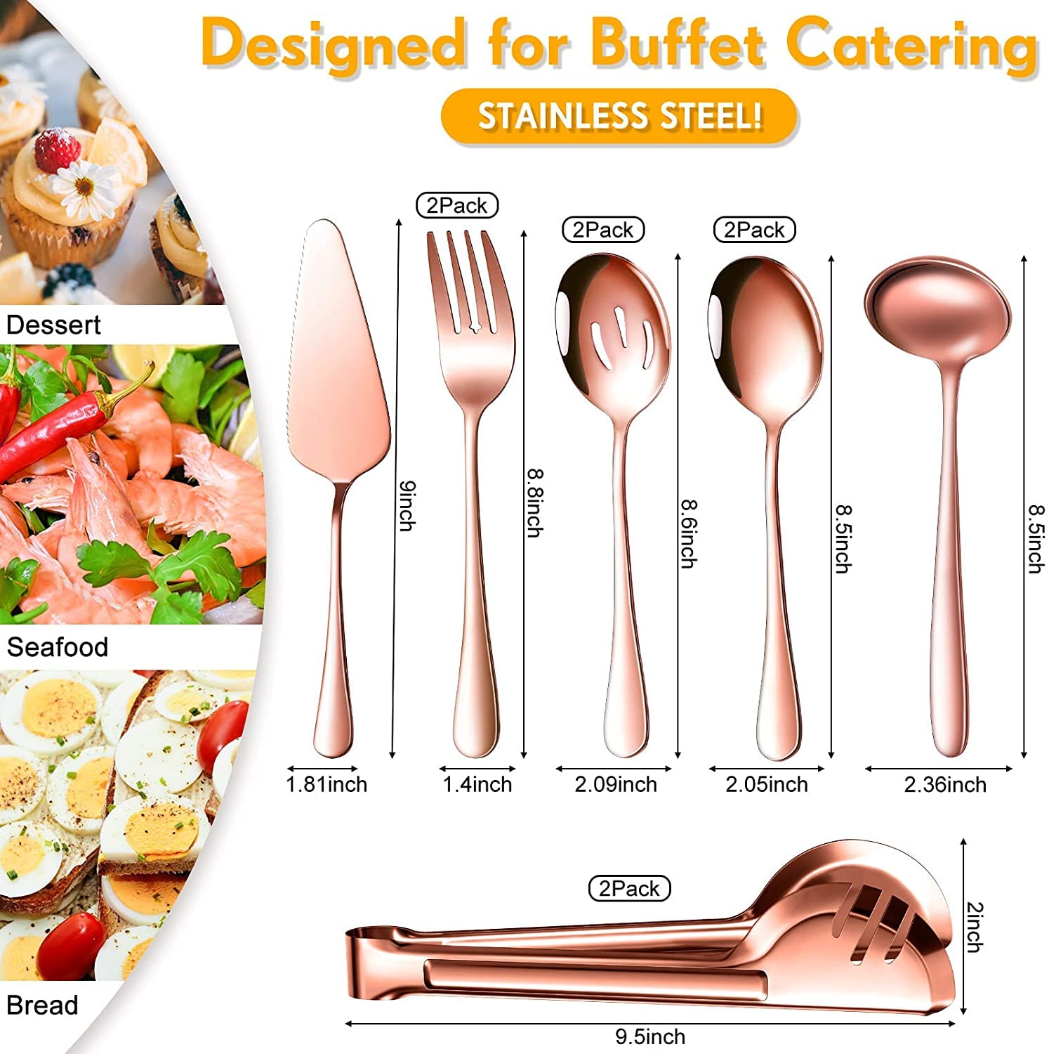 Gli utensili da portata includono grandi cucchiai da portata scanalati, forchette da portata, pinze da portata, mestolo da zuppa e utensili da portata per catering, lavabili in lavastoviglie (oro