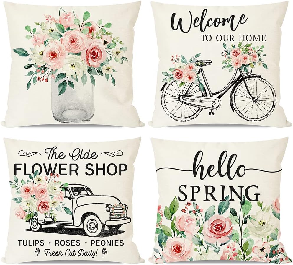 PANDICORN Farmhouse Pillow Covers 18x18 Set of 4, Hello Spring Flower Floral Throw Pillows Cases, Country Truck Bike Welcome Cushion Covers for Home Sofa Couch Outdoor Decoration