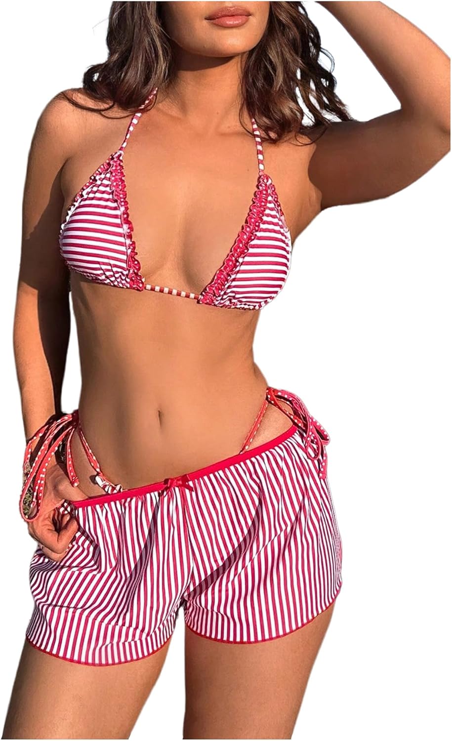 SOLY HUX Women's 3 Piece Swimsuit Striped Halter Triangle String Thong Bikini Set Bathing Suit with Beach Shorts Medium Red and White Striped