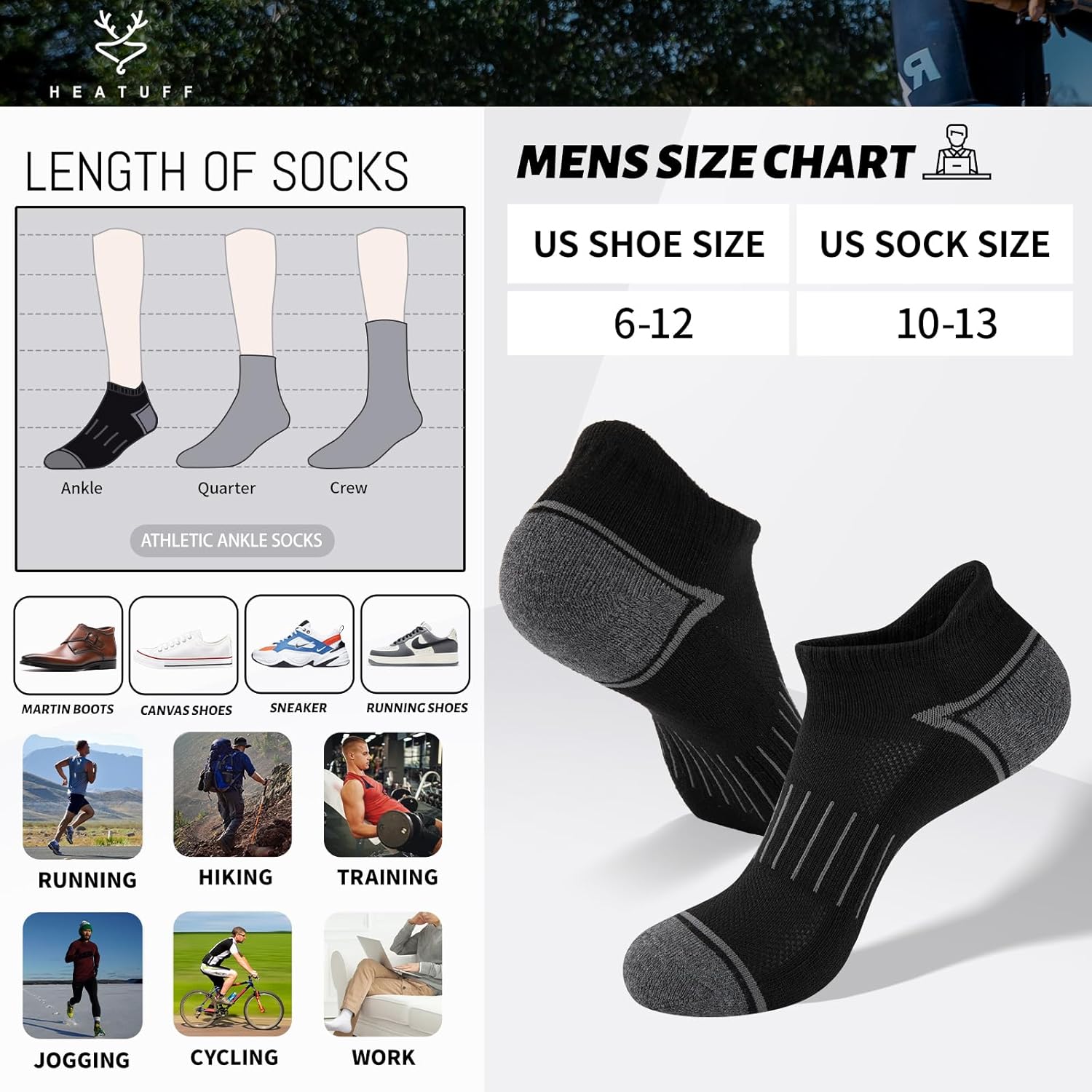 Heatuff 12 Pairs Men's Ankle Running Socks Cushioned Low Cut Athletic Sports Casual Tab Socks - Image 6