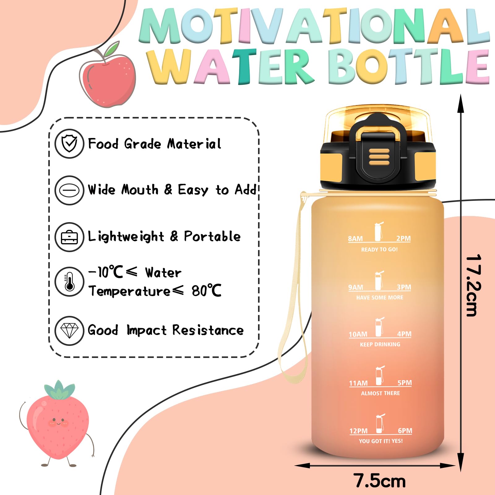 Borraccia- 0,5 litri- Borraccia Bambini, Borraccie con Cannuccia, Senza Perdite, Borraccie Motivazionale, Bocca Larga, Con Chiusura di Sicurezza, per Scuole, Corsa, Lavoro, Picnic