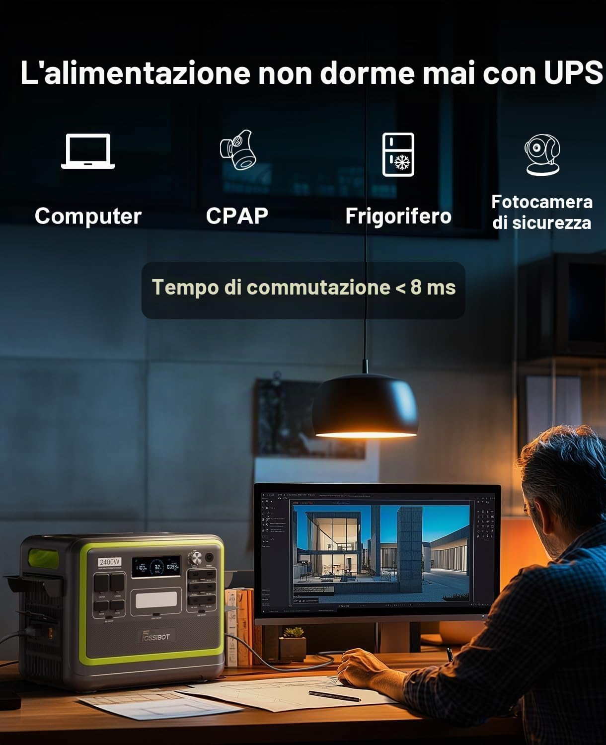 FOSSiBOT Centrale Elettrica Portatile F2400, Pezzo con Pannello Solare da 200W, LiFePO4 da 2048 Wh, Uscita AC da 2400W, Generatore Solare Adatta per Case, Campeggio e Situazioni di Emergenza
