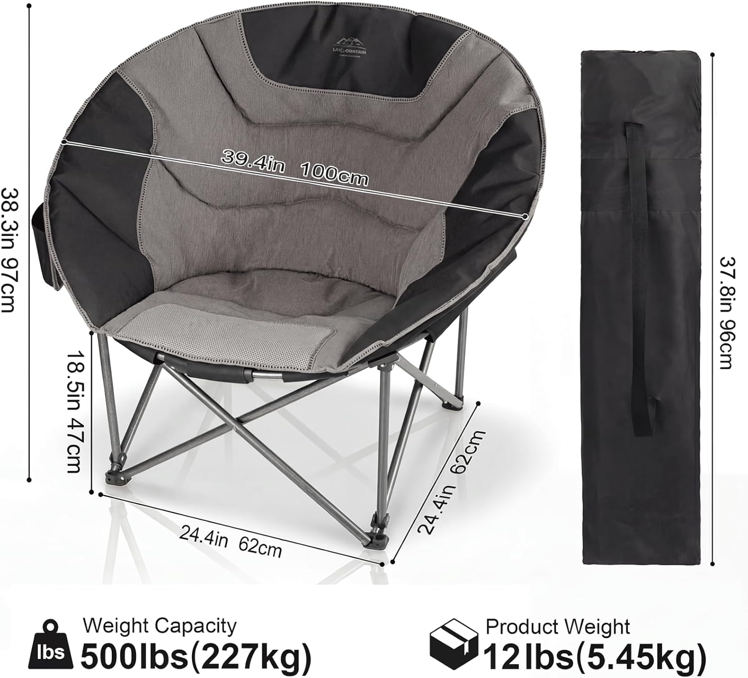 Oversized Portable Moon Camping Chairs,Round Folding Lawn Chair w/Cup Holder,Outdoor Heavy Duty Supports 500Lbs Comfy Chair,Perfect for Family Camp,Hiking,Picnics and Beach Trips,Black
