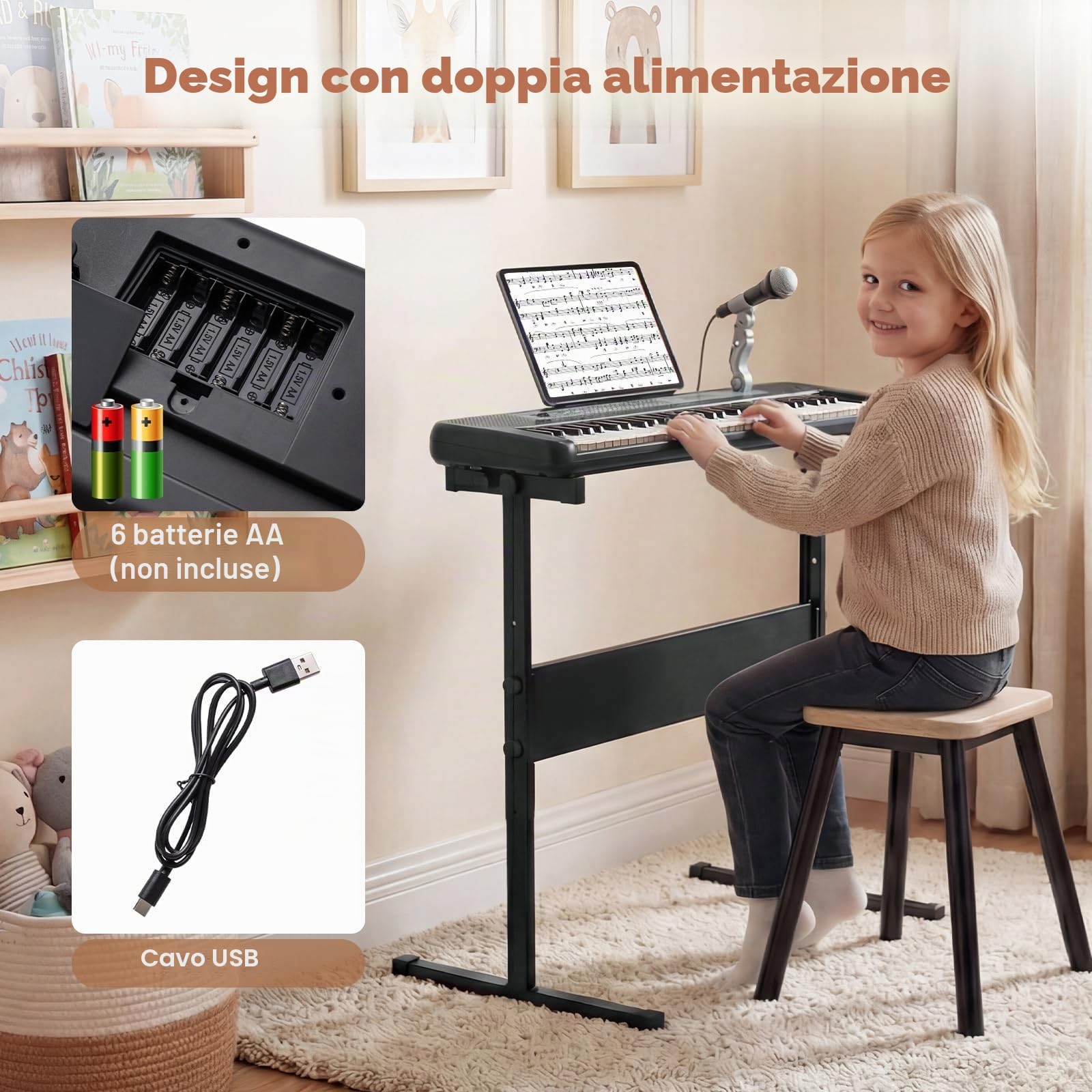 FANTASK Pianoforte digitale a 61 tasti, tastiera per bambini con supporto regolabile, microfono e leggio, pianoforte elettronico per bambini con suoni, demo e ritmi, per bambini dai 3 anni in su, nero