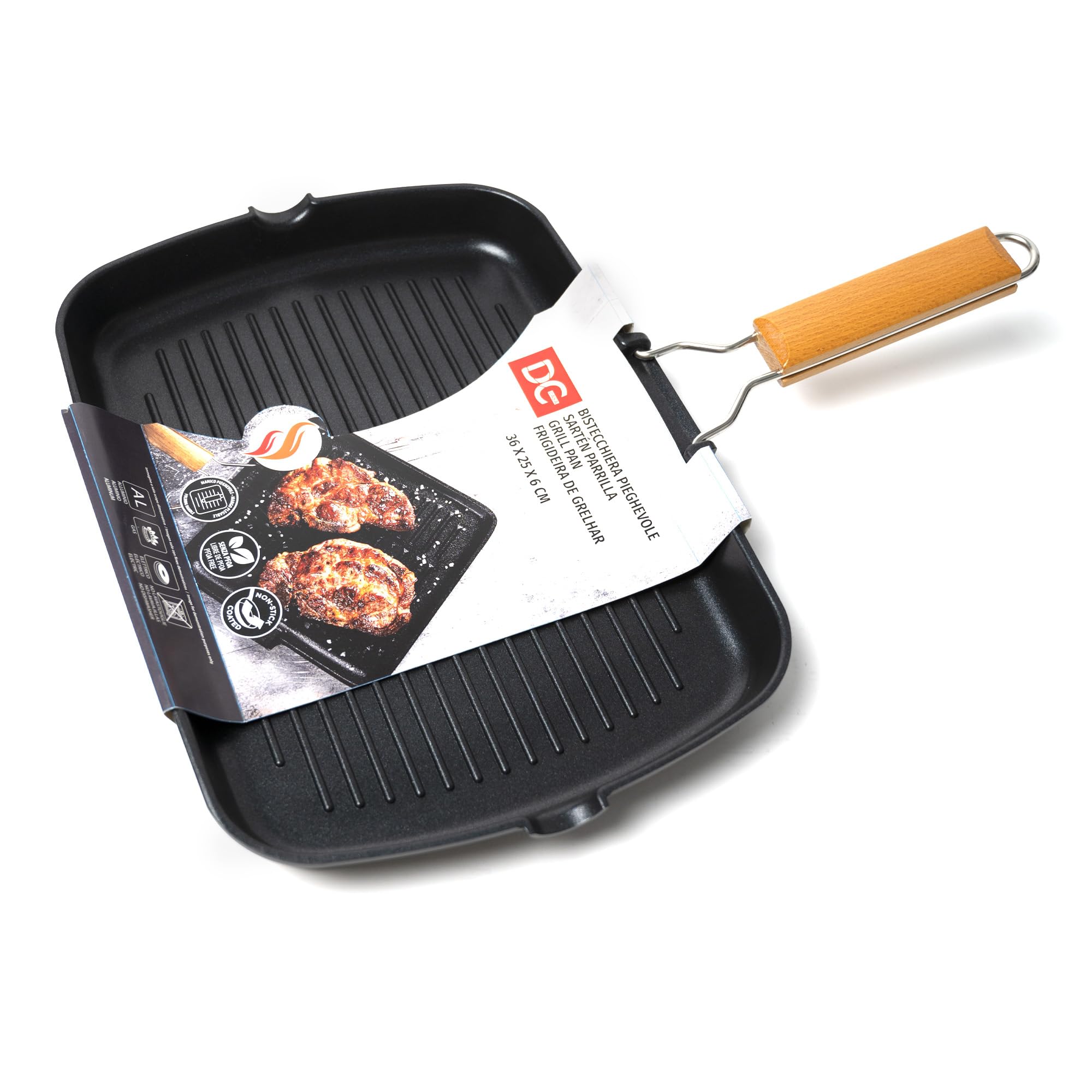 Bistecchiera in Lega di Alluminio Antiaderente con Rivestimento Antiaderente 36x25x6 cm con Manico in Legno Pieghevole, Adatta a Gas, Induzione ed Elettrico