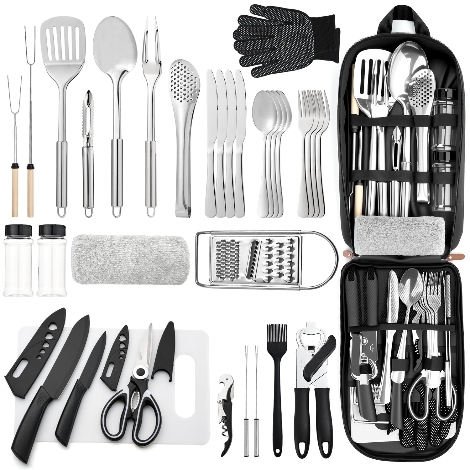 Photo 1 of THTYBROS Portable Camping Kitchen Utensil 34 Pcs Set- Cookware Kit, Stainless Steel Outdoor Cooking and Grilling Utensil Organizer Travel Set Perfect for Travel, Picnics, RVs, Camping, BBQs, Parties