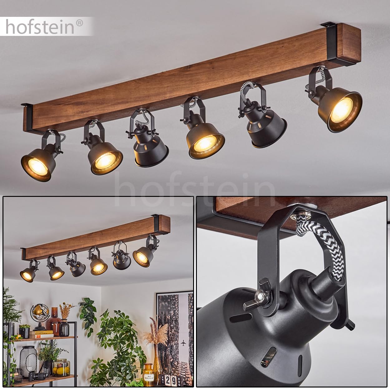 HOFSTEIN Plafoniera Safari, moderna lampada da soffitto in metallo/legno, colore nero/marrone scuro, plafoniera dal design industriale con schermi regolabili, 6 luci, 6 lampadine GU10 senza lampadina