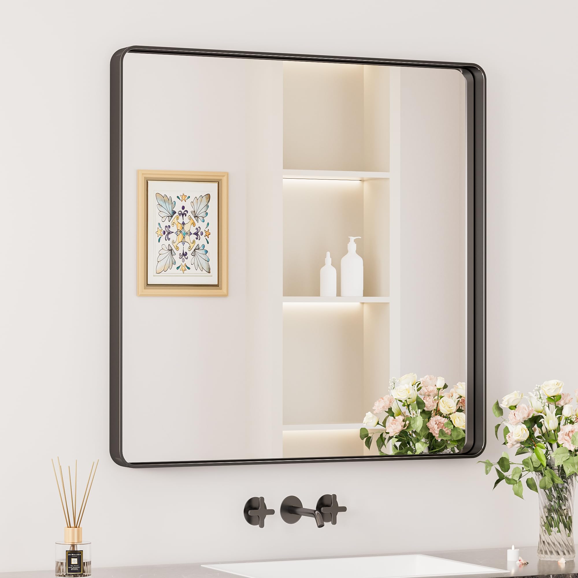 Keonjinn Black Bathroom Mirror for Over Sink, 30 x 30 Inch Rounded Rectangle Bathroom Vanity Mirror for Wall, Matte Black Farmhouse Mirror with