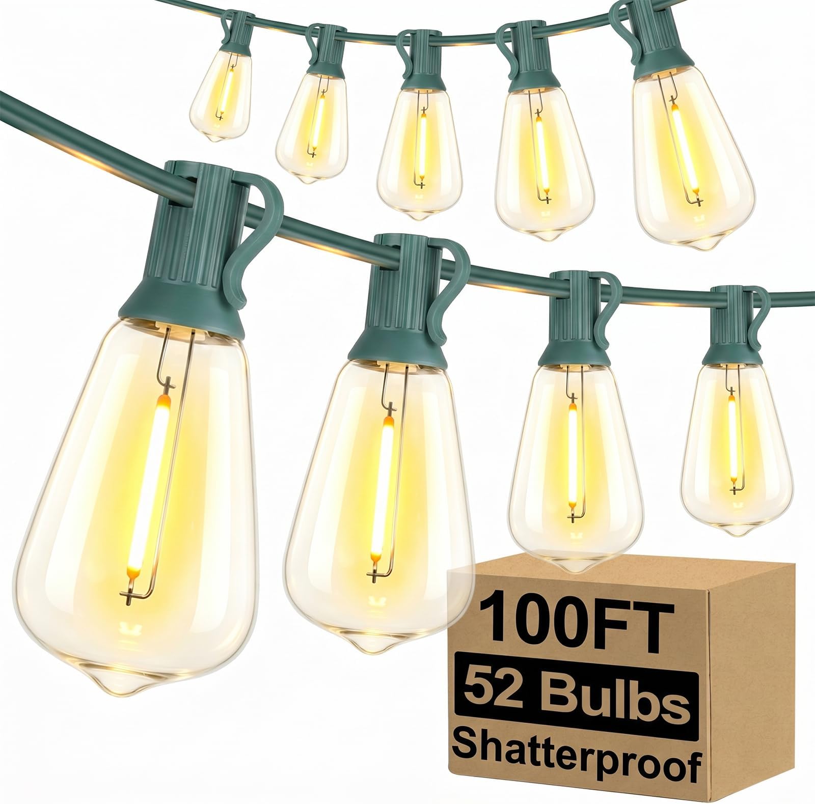 Brightever 30M Outdoor LED String Lights with 52 Shatterproof ST38 Edison Bulbs Waterproof for Porch Garden Patio Balcony