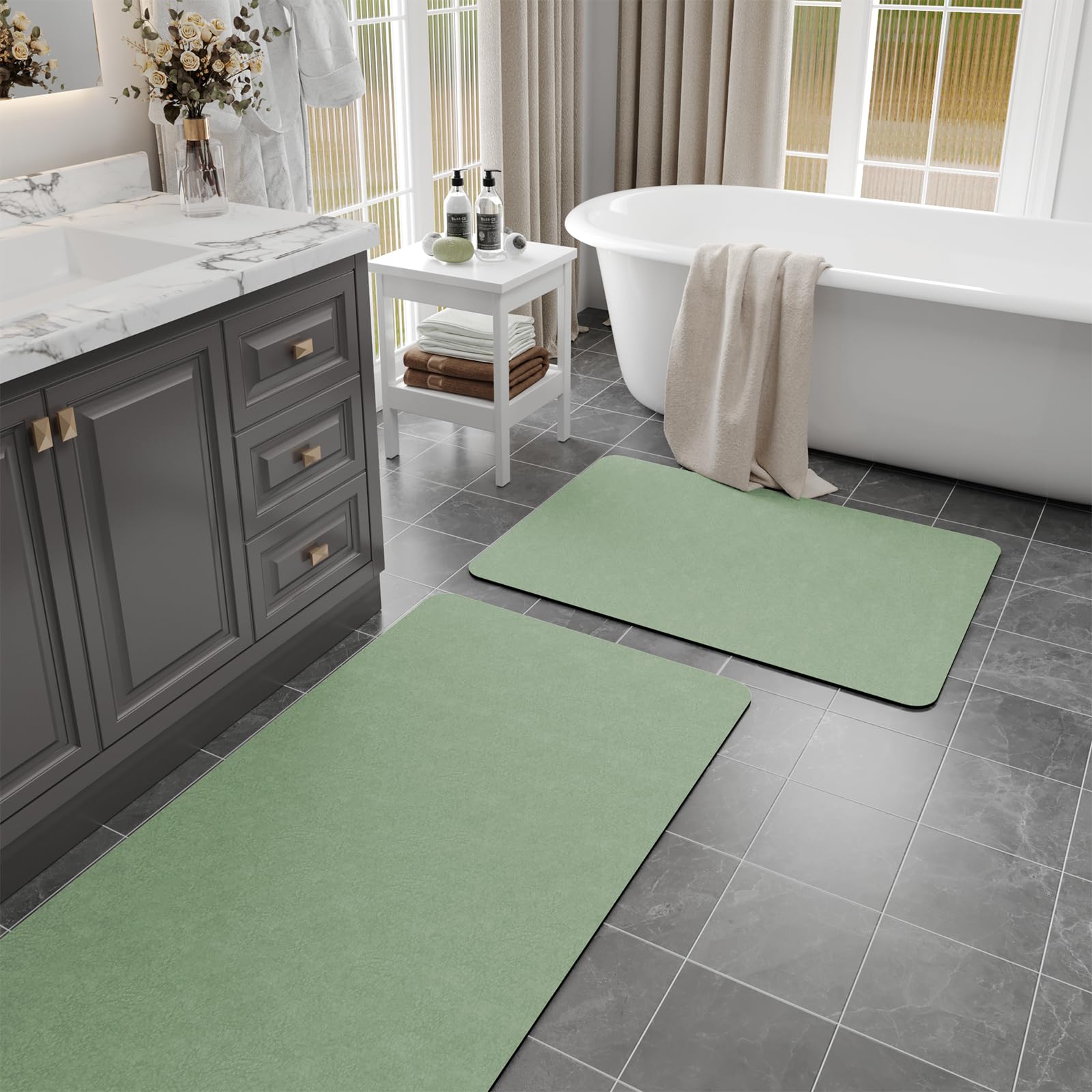 Sage Green Bath Mat Set 2 Piece - Quick Dry Super Absorbent Diatomaceous Earth Bathroom Rugs With Rubber Backing Non-Slip for Shower Floor, 47x17 +