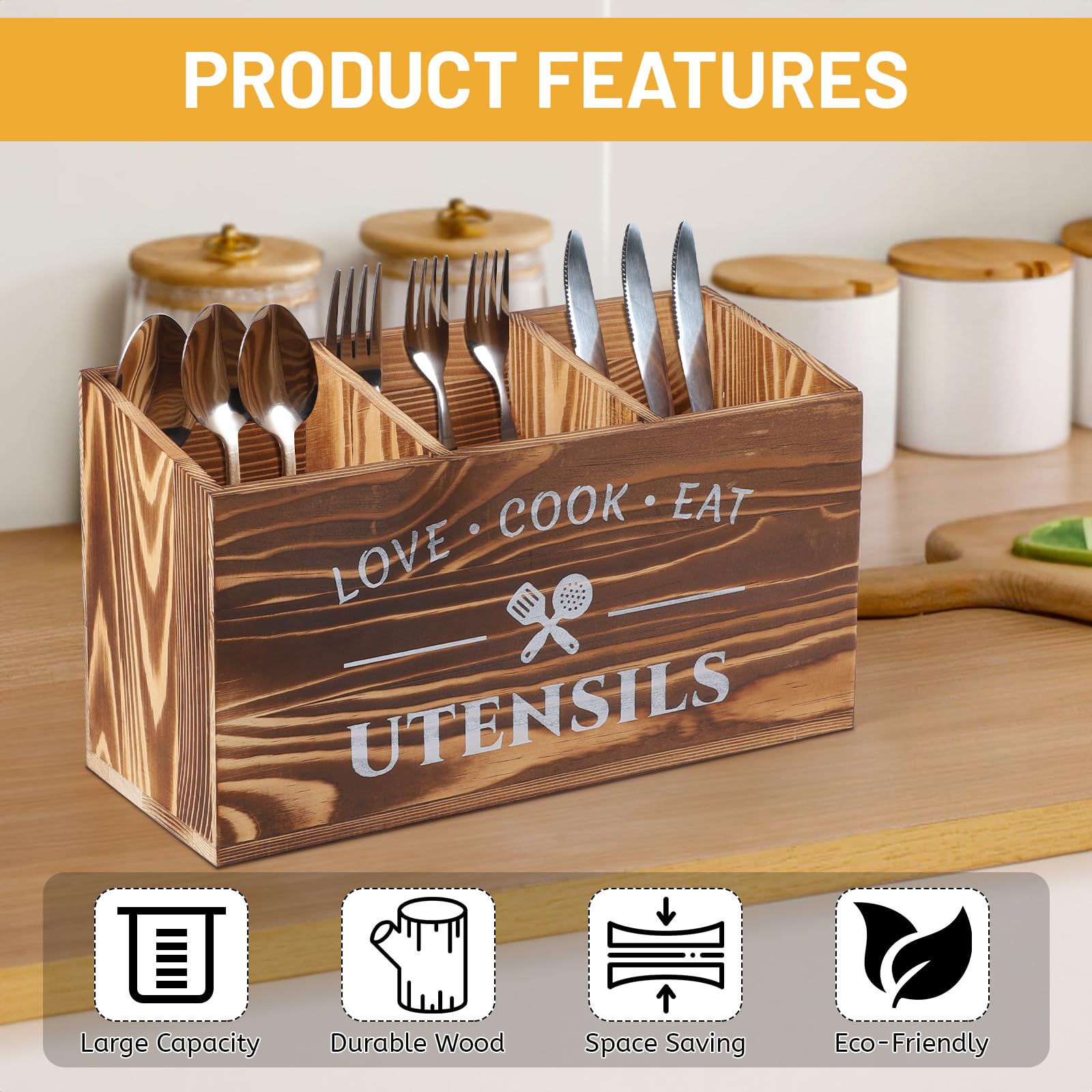 LALAGO 3 Scomparti per Utensili da Cucina in Legno, Organizer da Cucina, Portautensili da Cucina in Legno, Organizer per Piano di Lavoro Della, Decorazione Rustico Marrone
