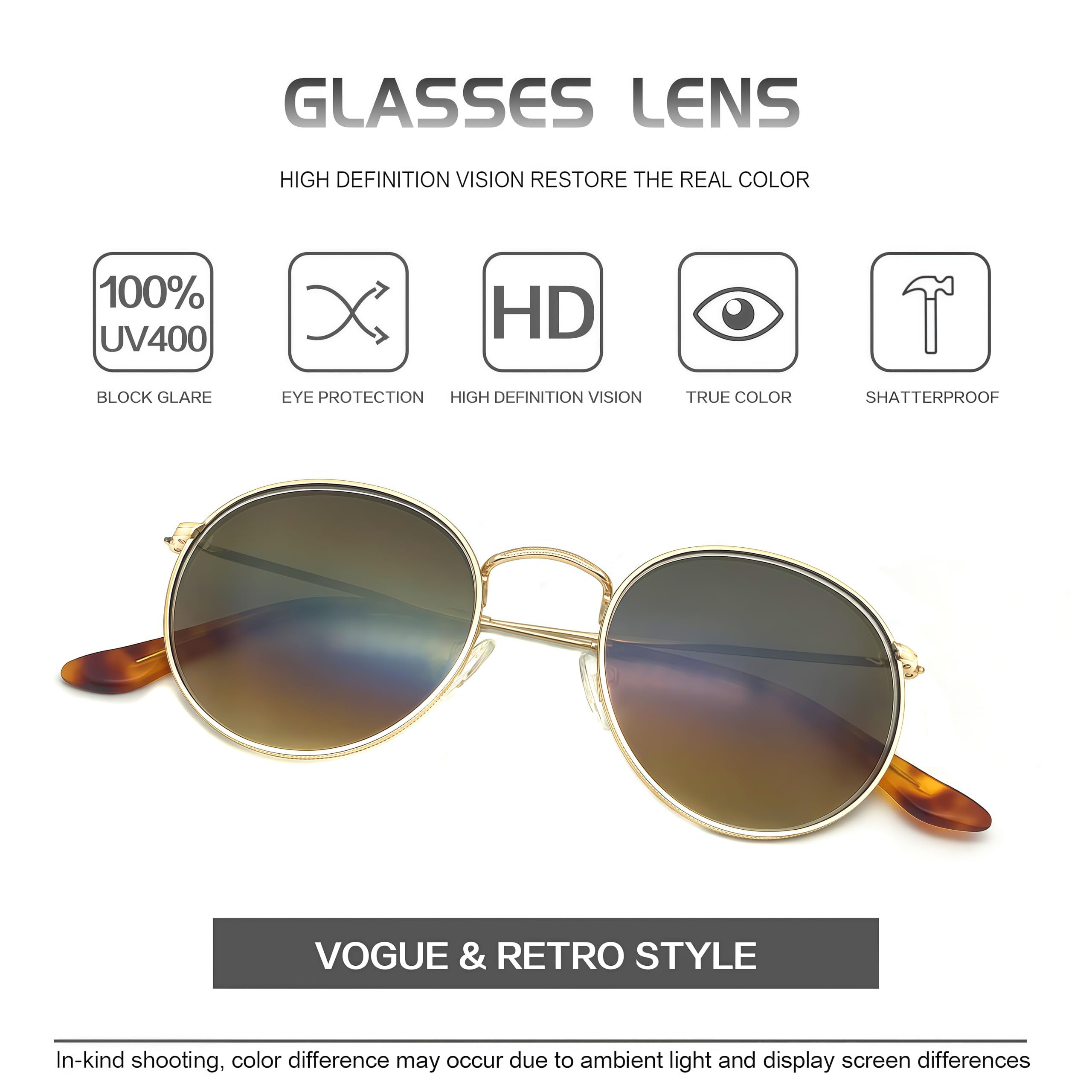 Gafas de sol de círculo de protección UV pequeñas Retro de metal redondo clásico Vidrio/lente polarizada