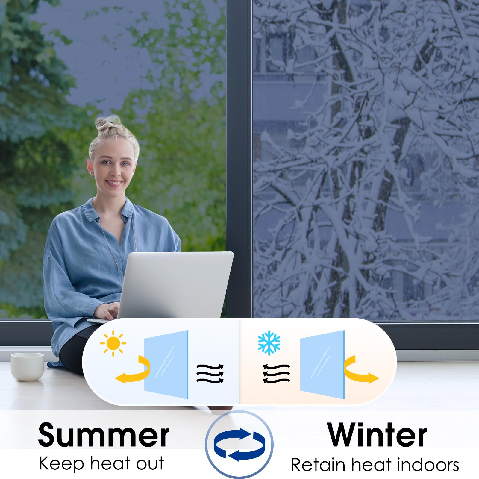 rabbitgoo Pellicola Specchio per Vetri Finestre 60x200cm, Pellicola Oscurante Vetri Finestre Anti 90% UV, Pellicole Privacy Unidirezionali con Controllo del Calore Adatto per Ufficio, Blu Argento