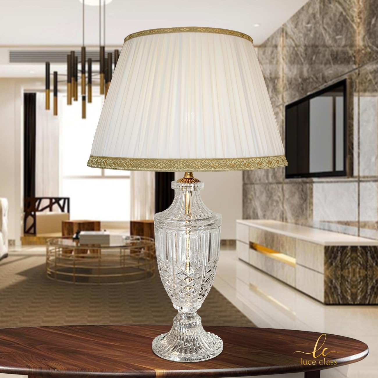 Generico LUCECLASS - Lampada da tavolo classica in puro cristallo e ottone con paralume seta plissé, lume classico elegante di lusso per salotto, salone, hotel, contract