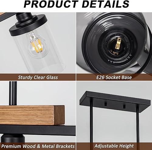 Miniatura 2 de Lámpara de comedor sobre mesa, iluminación de isla de cocina de 4 luces de granja, lámpara de madera moderna con altura ajustable, grandes luces