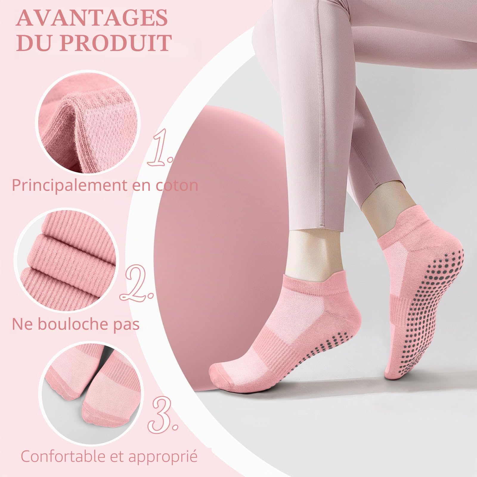 Chaussettes Pilates Femme 36-41 Anti-Dérapantes Semelle Grippée Yoga Barre Ballet Danse