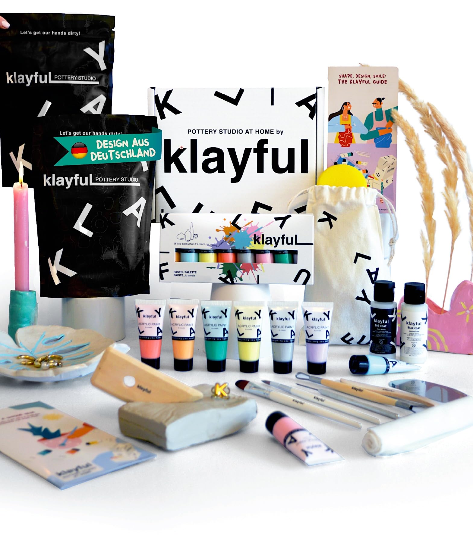 Klayful Töpferset Erwachsene | Keramik Bemalen Set | Lufttrocknender Ton | DIY Bastelset für Anfänger | Werkzeuge, Acrylfarben, Pinsel, Anleitung (Pastellfarben)
