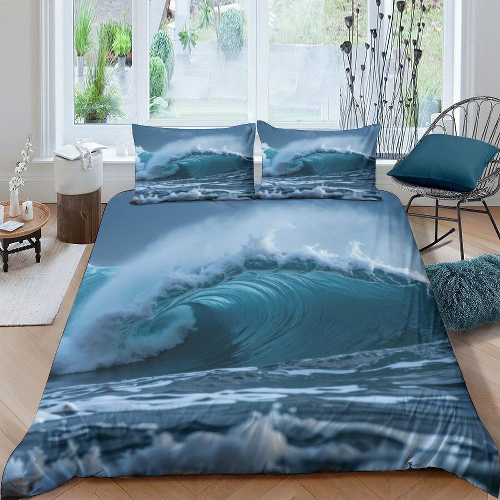 GPLZQXKJNH 3D Printed Ocean Wave Duvet Cover Microfiber Soft Breathable Sea Surf Bedding Set with 2 Pillowcases for Bedroom Home Decor Single（135x200cm）