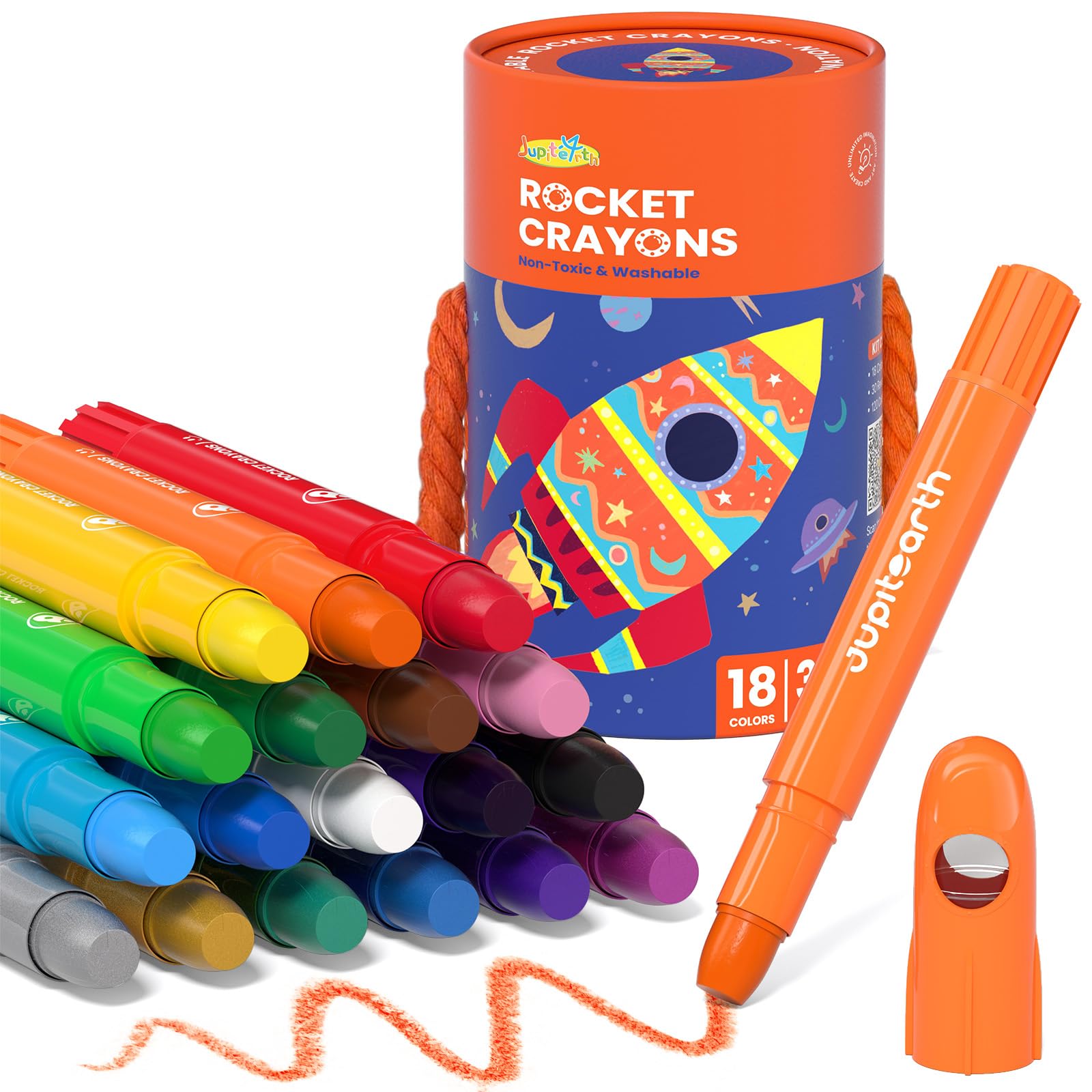 JUPITEARTH 18 Colours Twistable Rocket Crayons for Toddlers Aged 13,Non-Toxic Washable Crayons for Children 48 with Storage TubSmooth,Easy-Grip Art Supplies,Perfect Colouring Gift for Boys&Girls