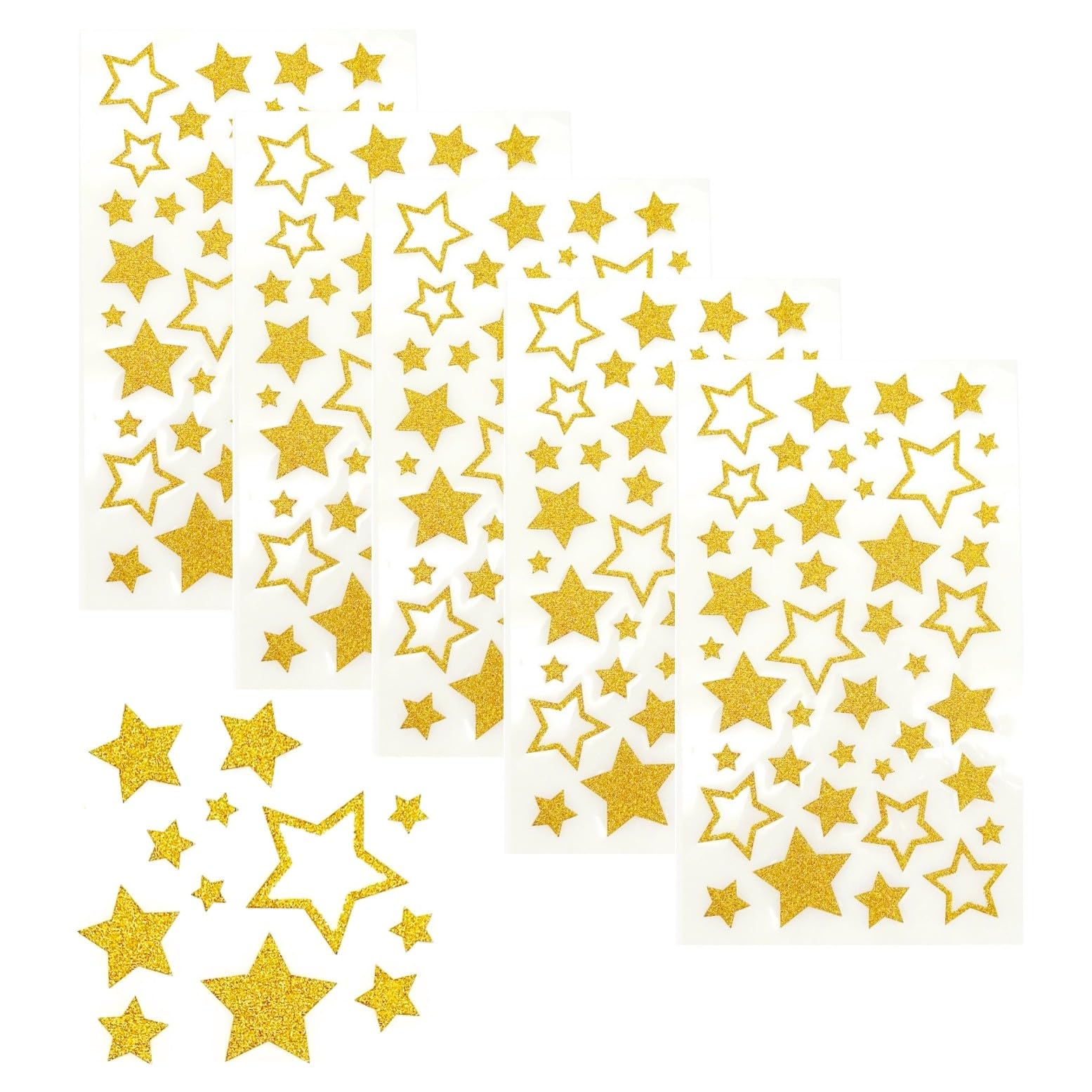 JZK 5 Sheets Gold Stars Sticker Glitter Self-Adhesive Stickers Labels for Crafts Glitter Christmas Star Stickers for Christmas Wedding Anniversary Birthday Party Decoration
